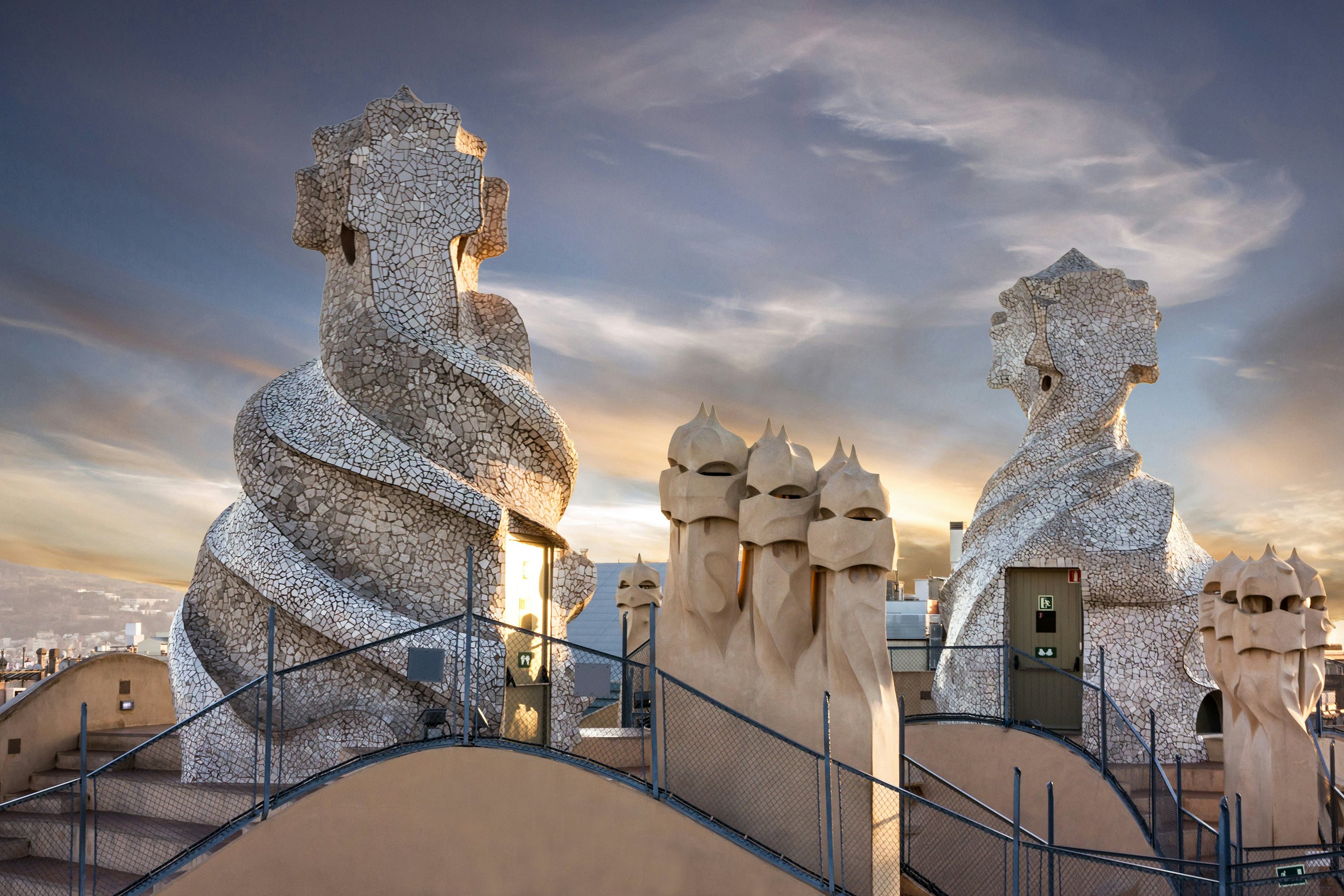 Chimneys on the roof of La Pedrera (Casa Mila) in Barcelona, Spain