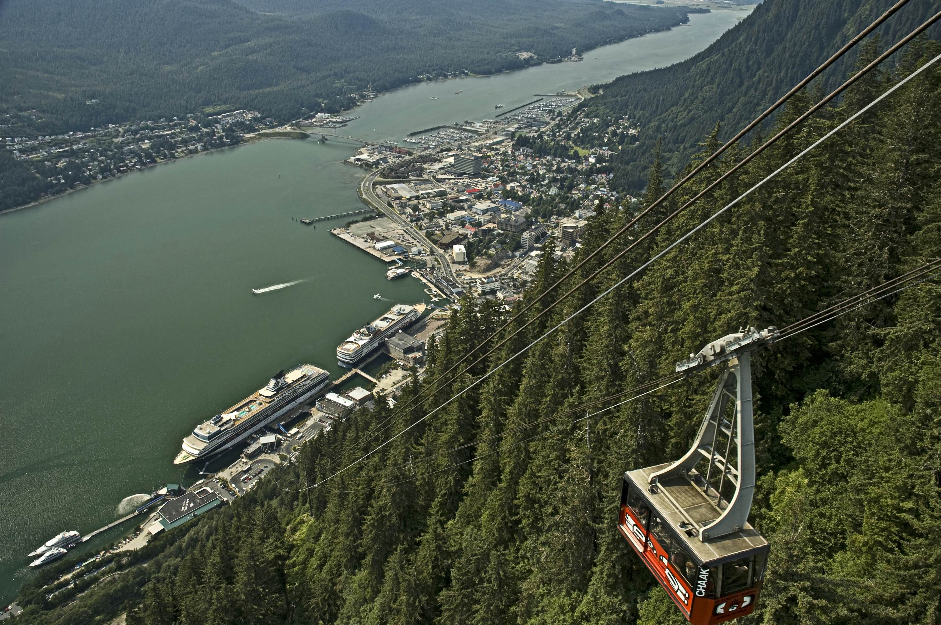 Downtown Juneau and the Goldbelt Tram viewed from Mt Roberts.