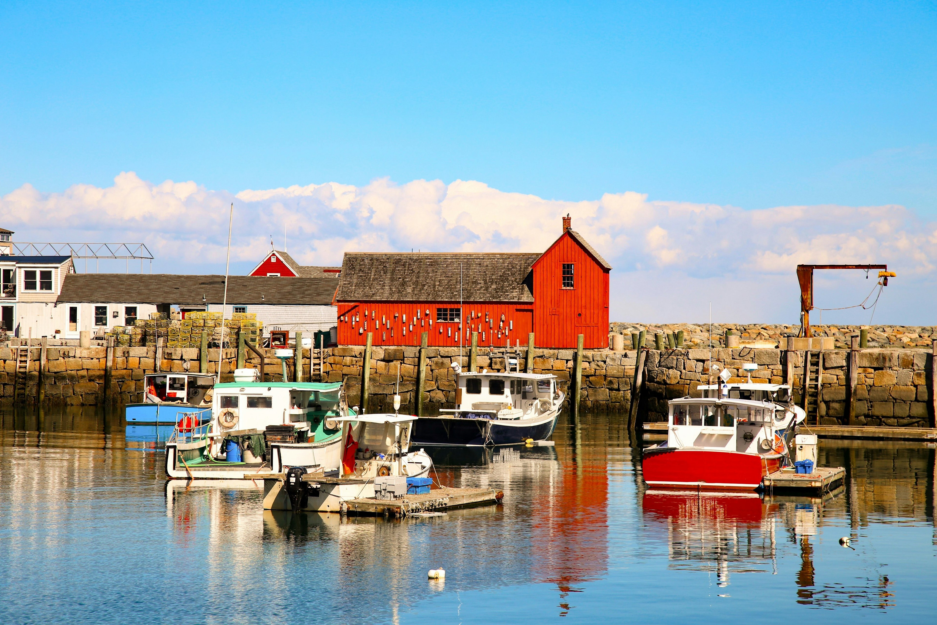 Sailing boats docked in Rockport Harbor Massachusetts