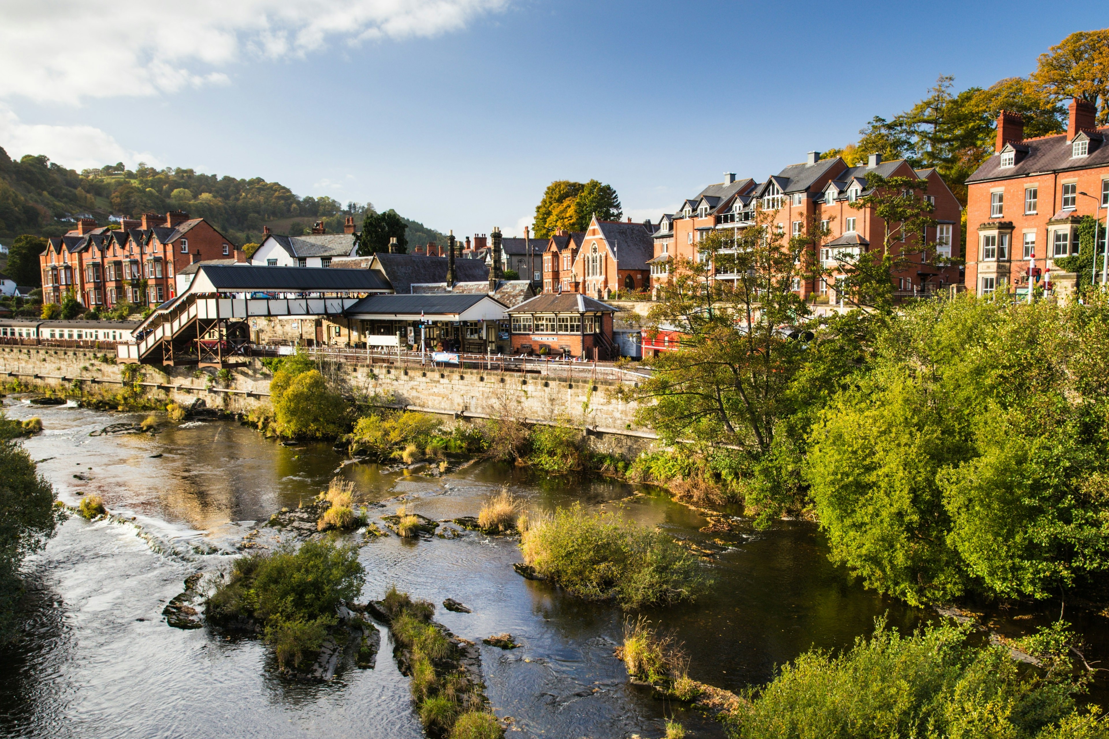 Old railway station museum and the town of Llangollen, Wales,