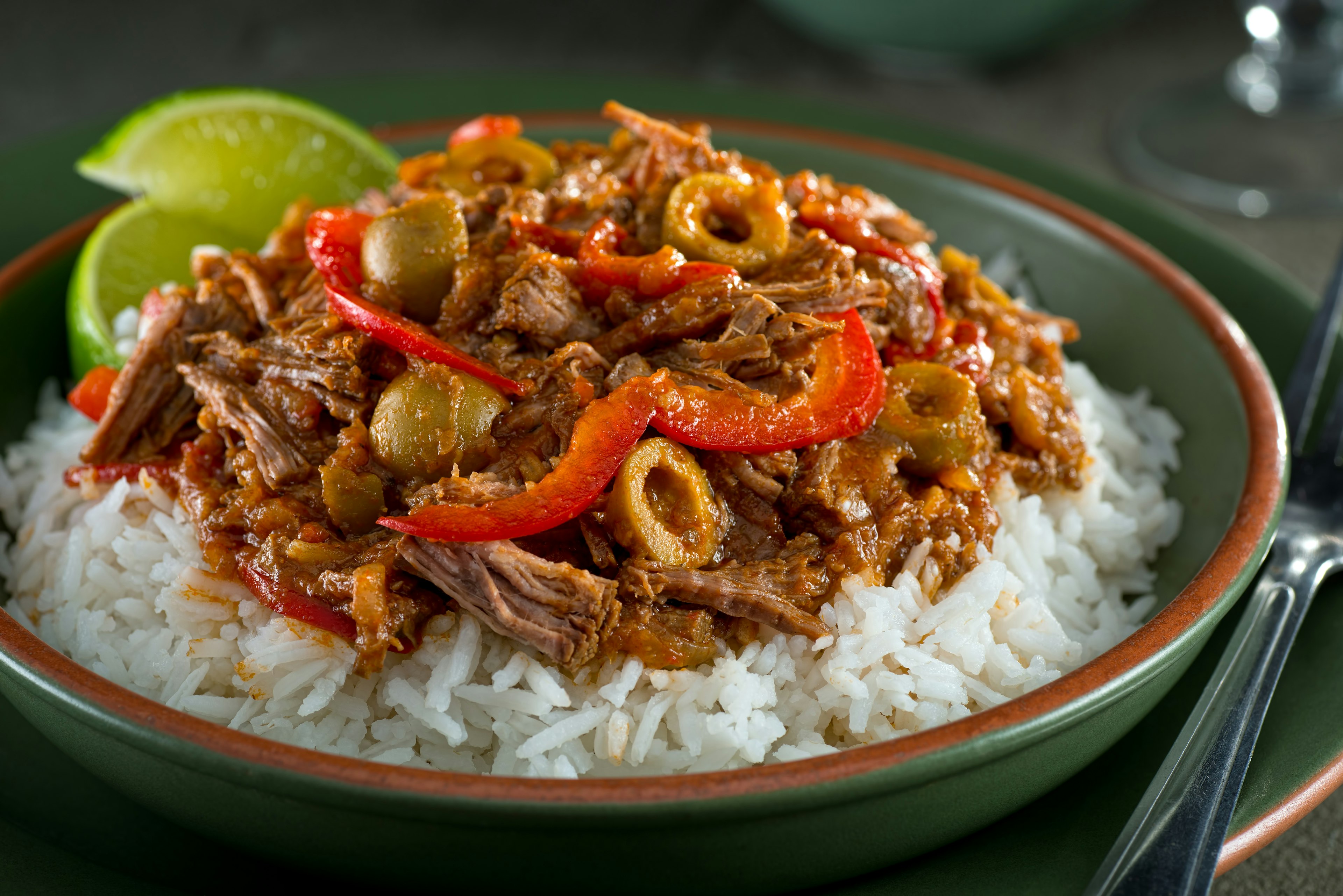 A bowl of ropa vieja, a popular Cuban dish made of stewed beef