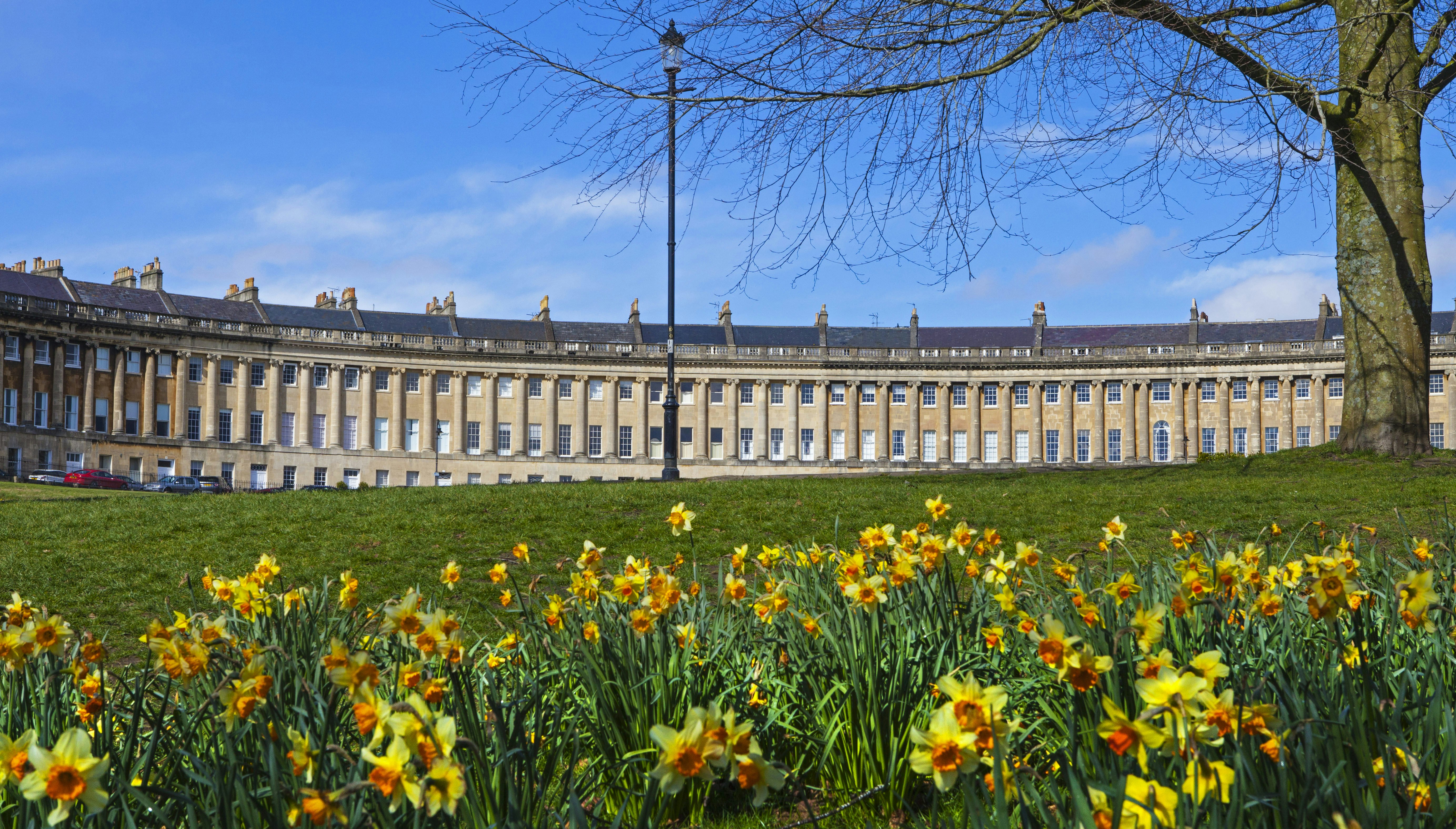 A springtime view of the beautiful Royal Cresecent in Bath, Somerset.