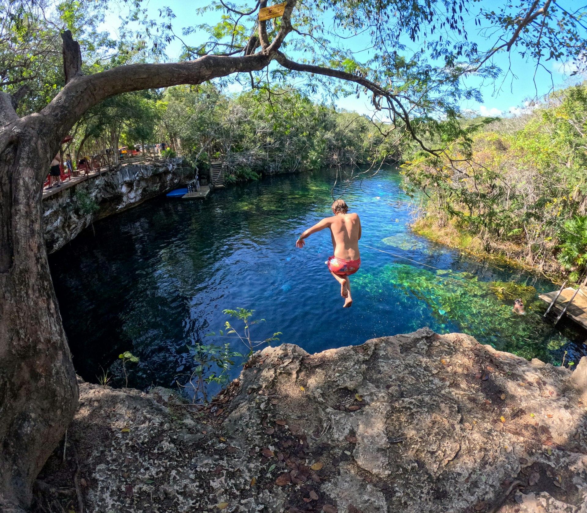 Man Leaping from a Cliff into Cenote Eden's Waters Near Playa del Carmen;