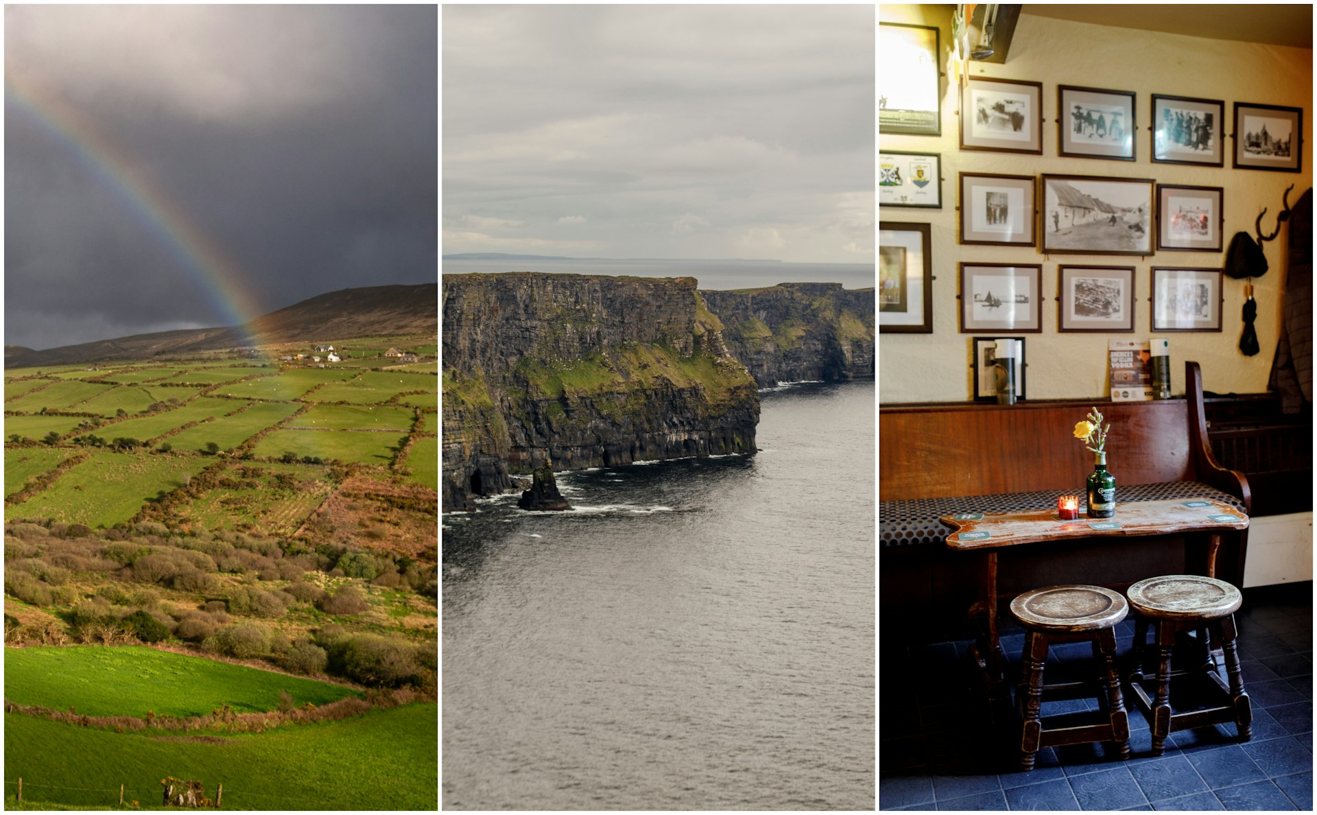 Left: Fields and a rainbow over green hills; center: large sea cliffs; right: The rustic interior of a traditional pub. 