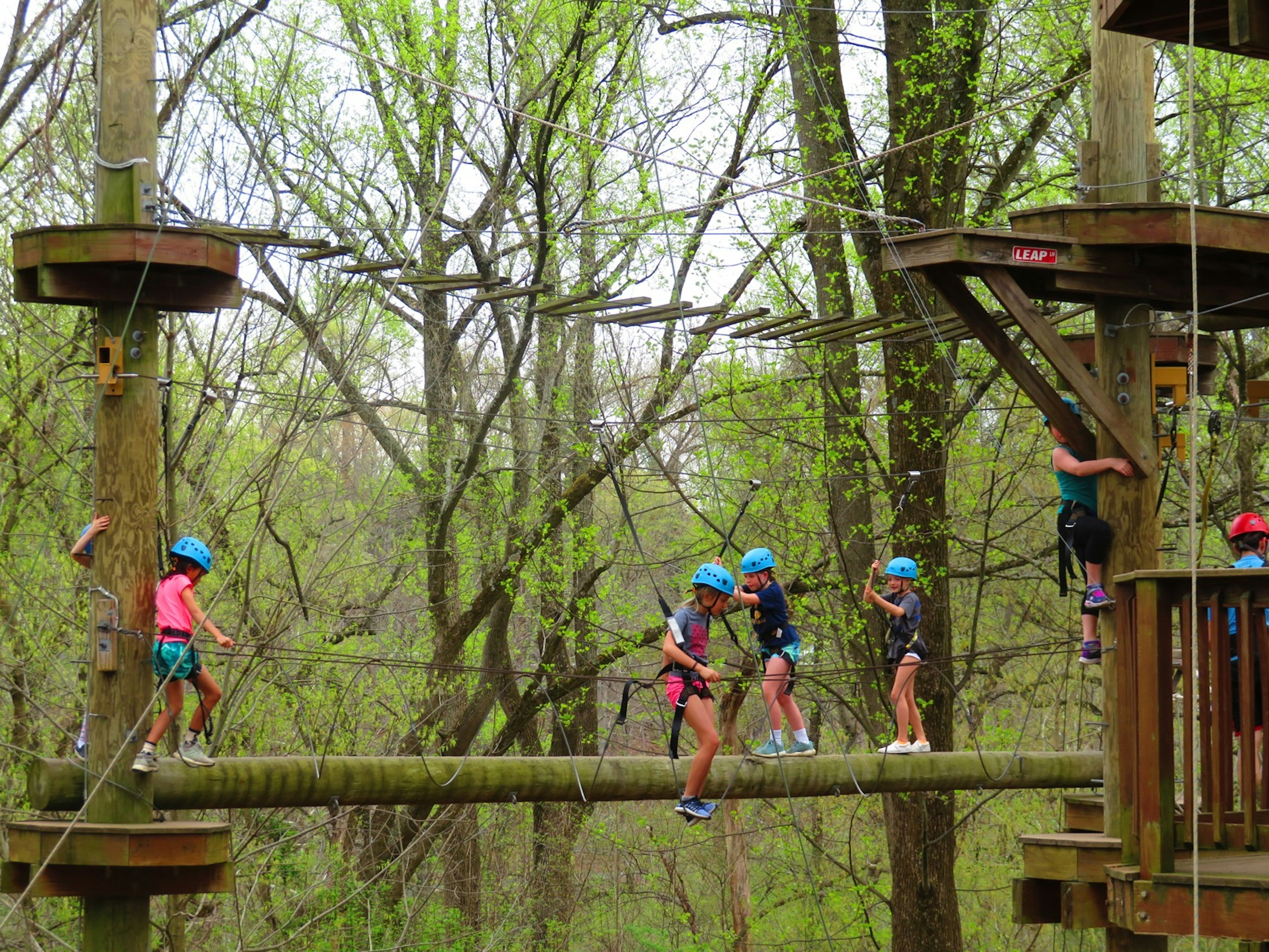 Children climbing on a wooden obstacle course surrounded by trees in Howard County, Maryland