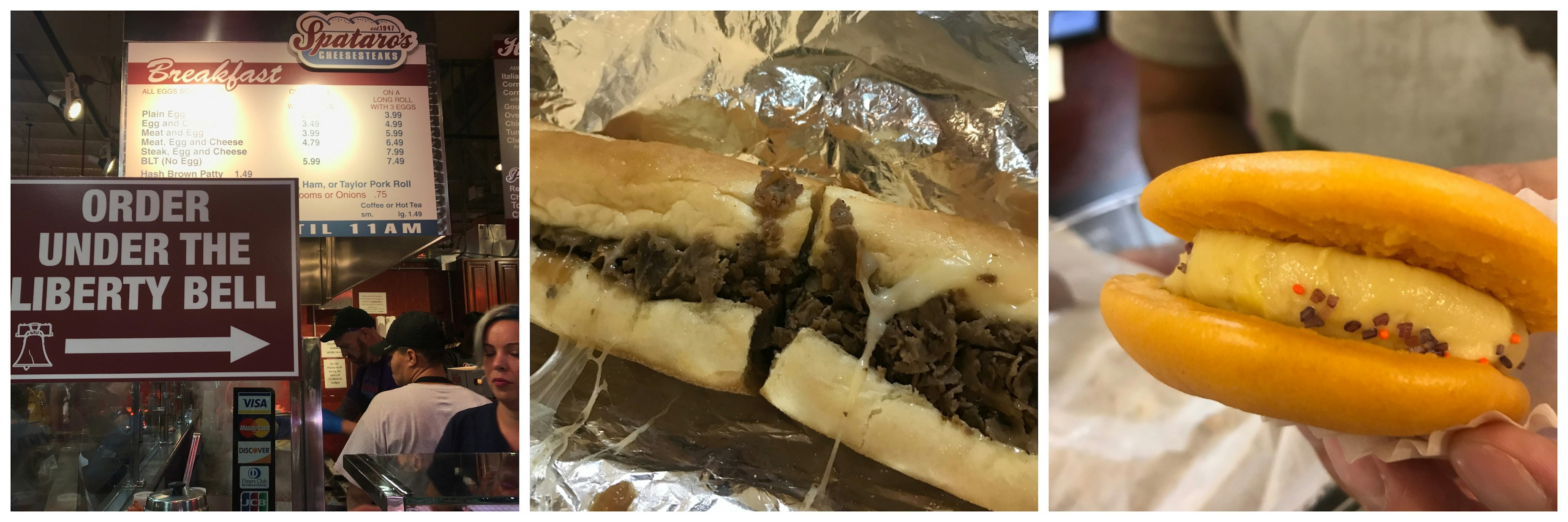 A collage of images showing cheesesteaks and baked goods