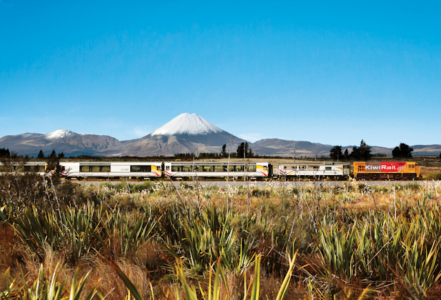 A train passes through a rural landscape backed by a vast volcano