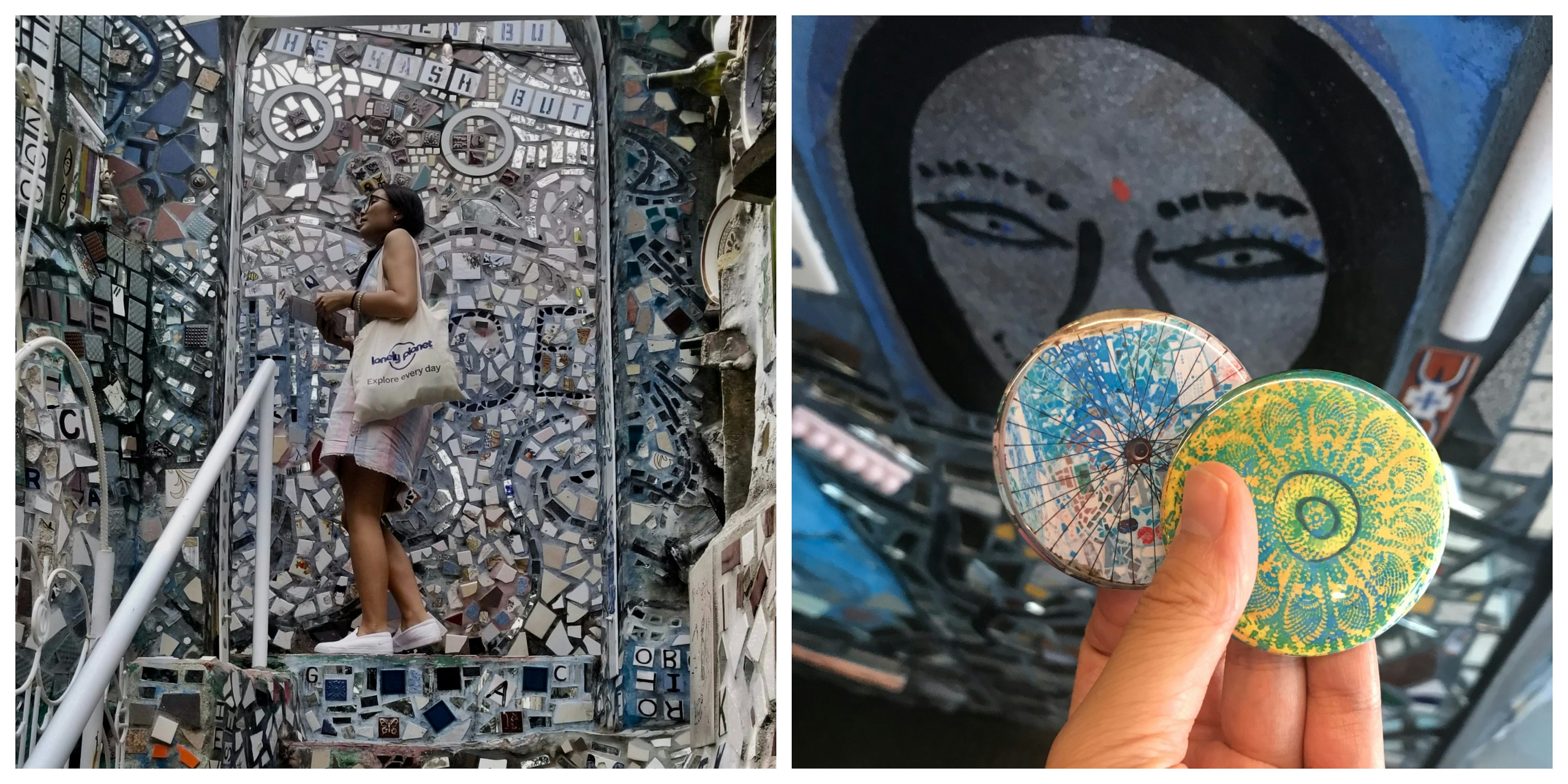 The author at the Magic Gardens and colorful buttons from the gift shop