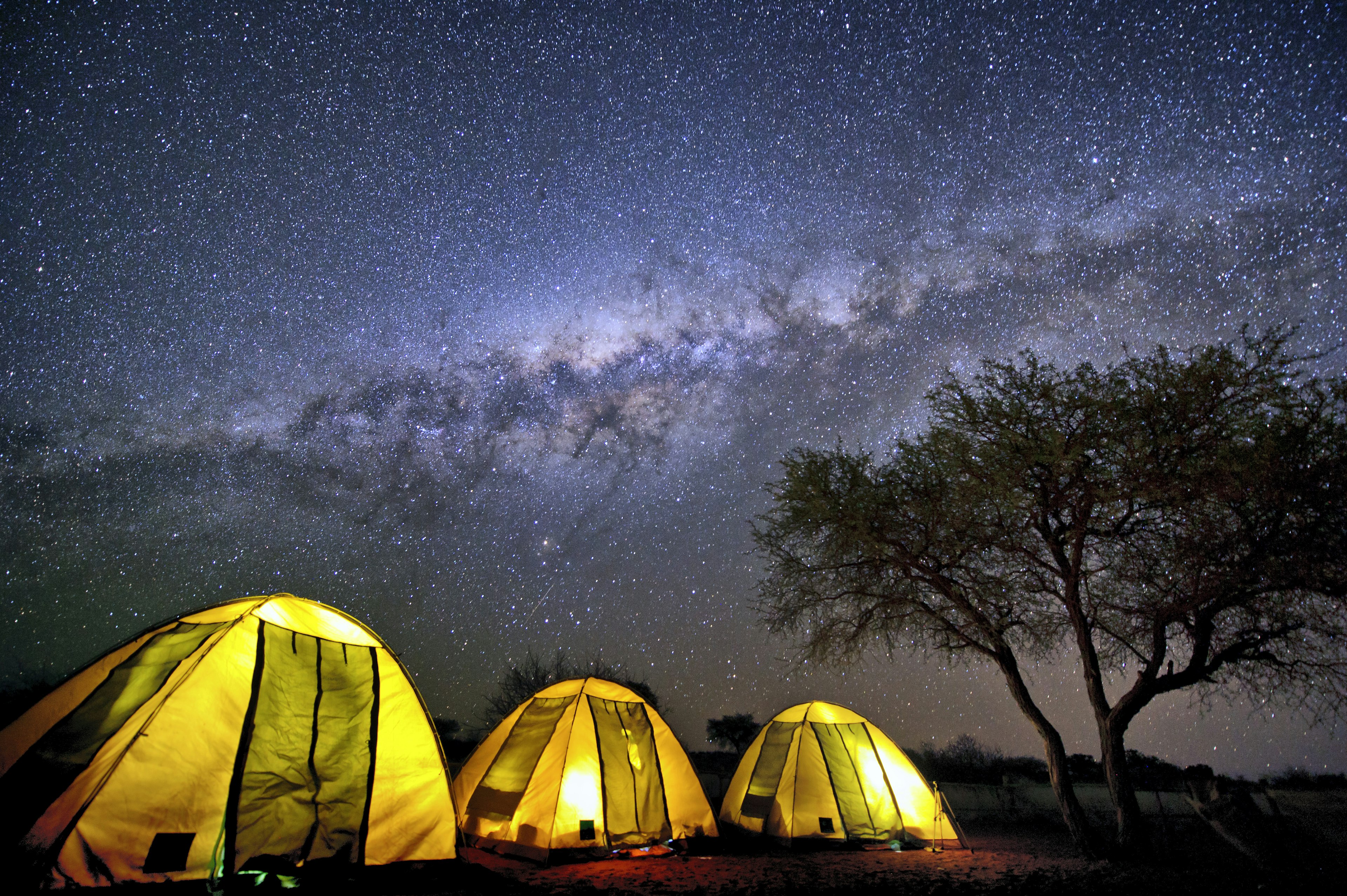 Three tents pitched under a starry sky