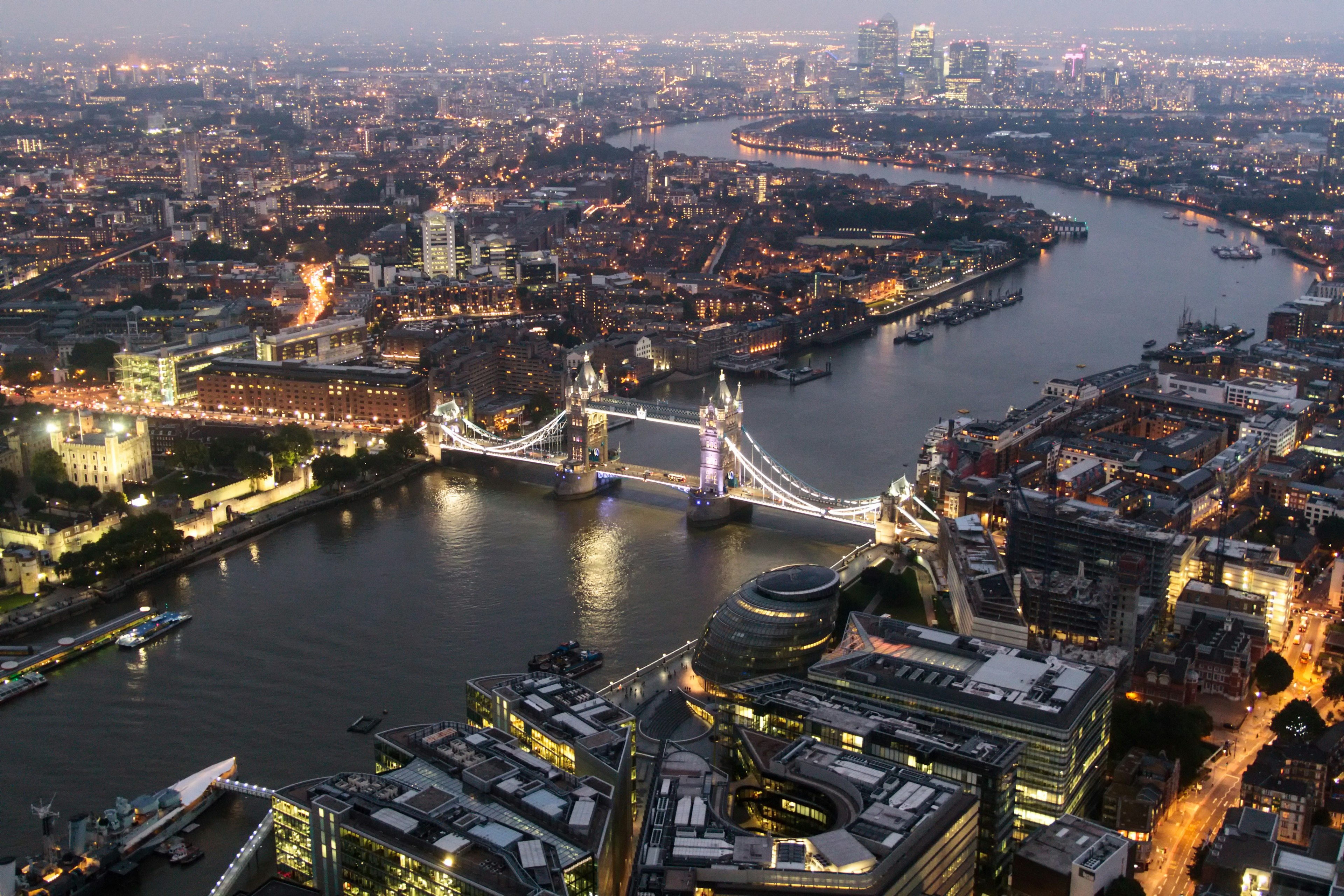 Evening view of the Tower of London and Tower Bridge from the top of the Shard