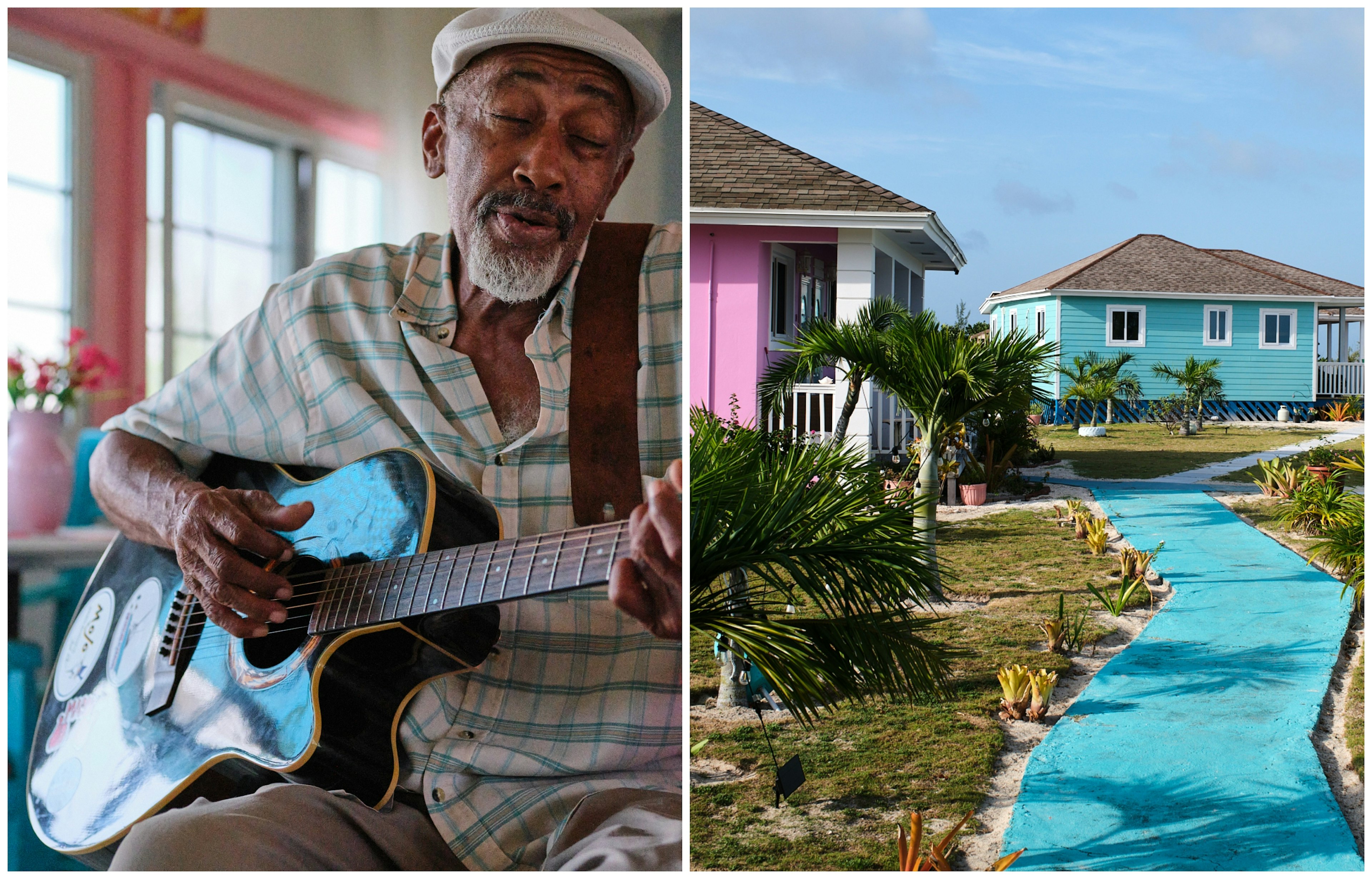 L: Musician performing in the Bahamas. R: Waterside lodges in the Bahamas