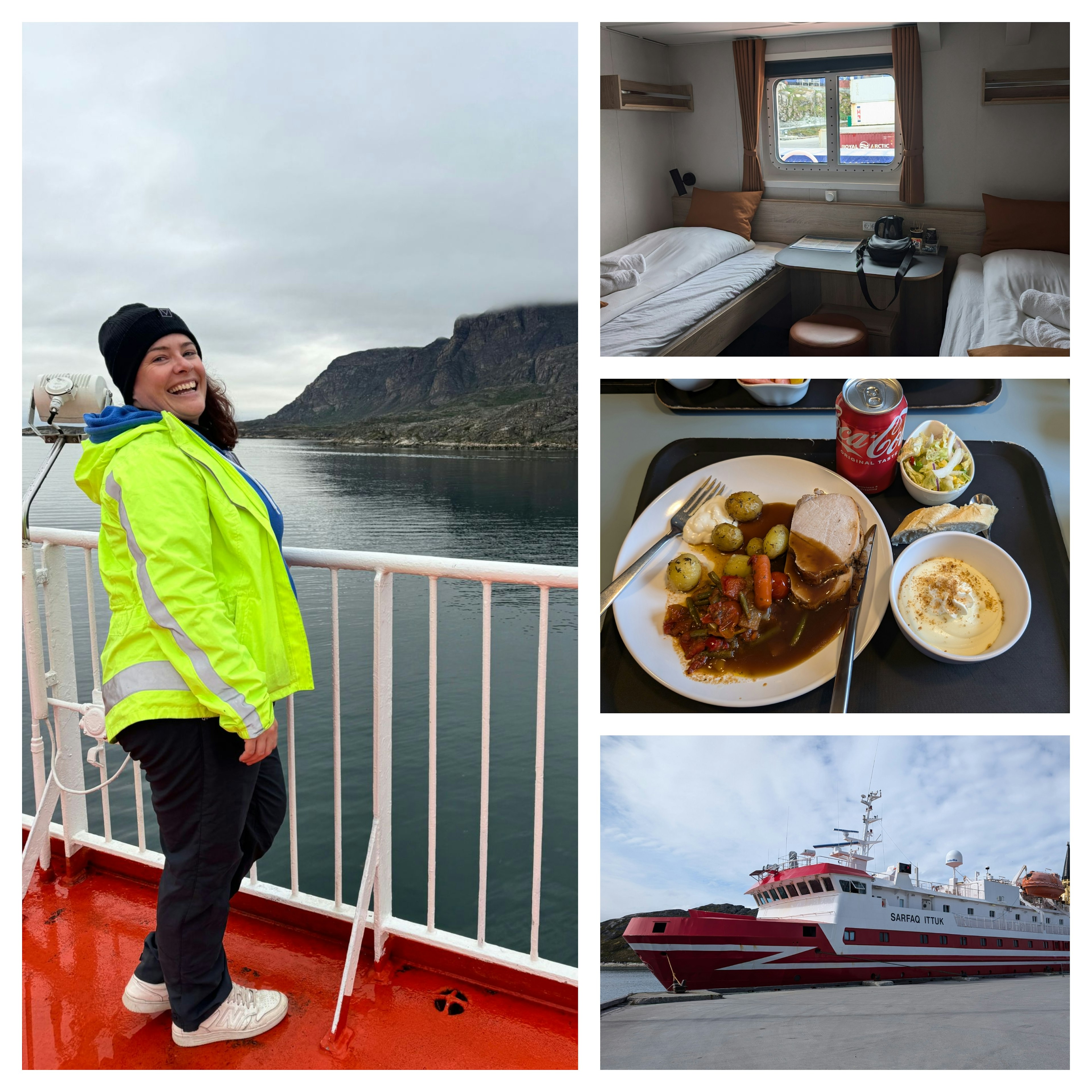 Left: a woman standing on the deck of a ship smiling; top right: a cabin for two people, centre right: a plate of food in the canteen; bottom right: a ship at a dock