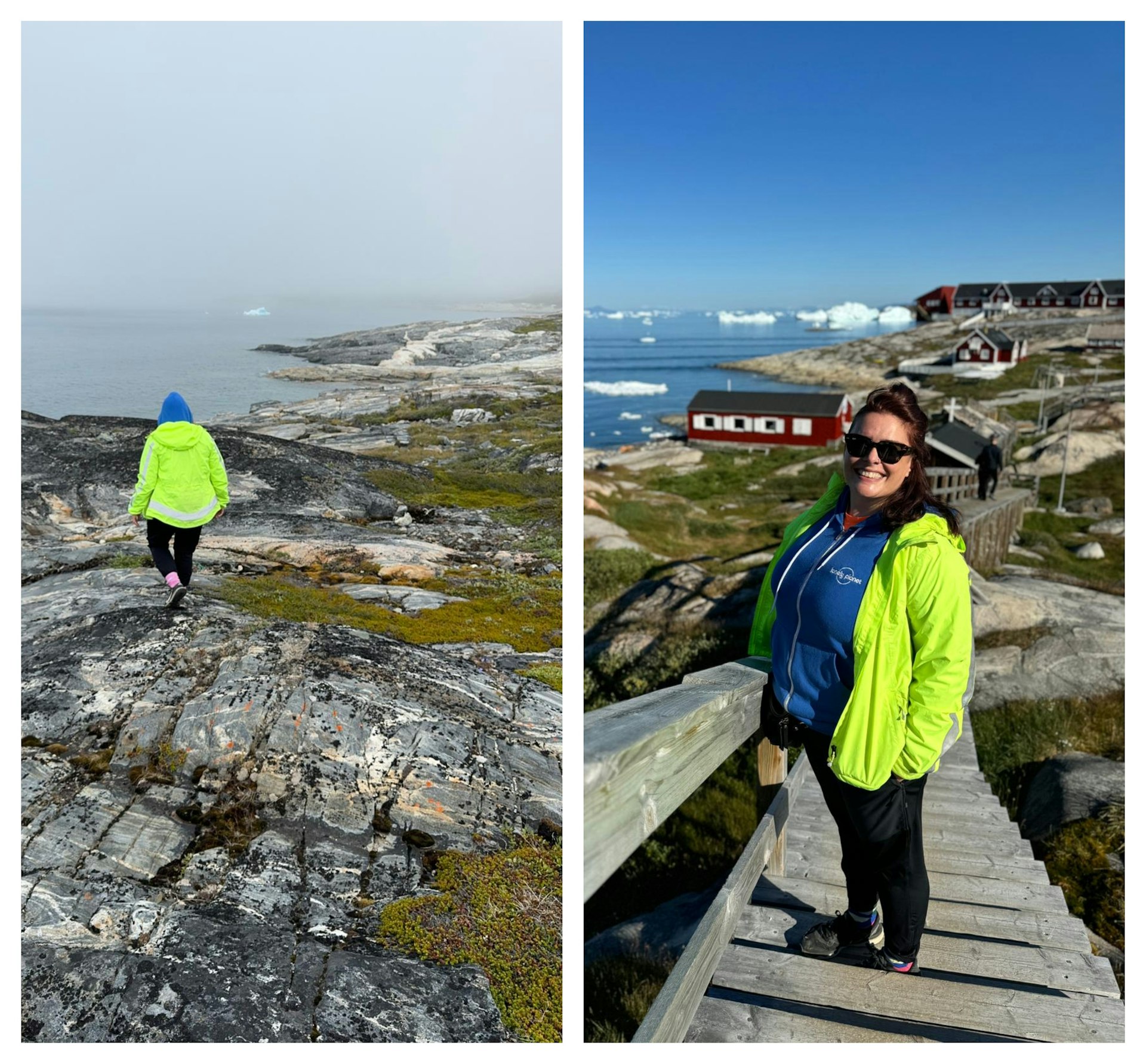 Left: a hiker heads over rocks towards the edge of the sea; right: a woman smiles as she makes her way down a boardwalk into a small coastal town of colorful houses