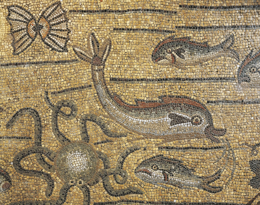 Roman mosaic showing lagoon sea creatures at Aquileia.