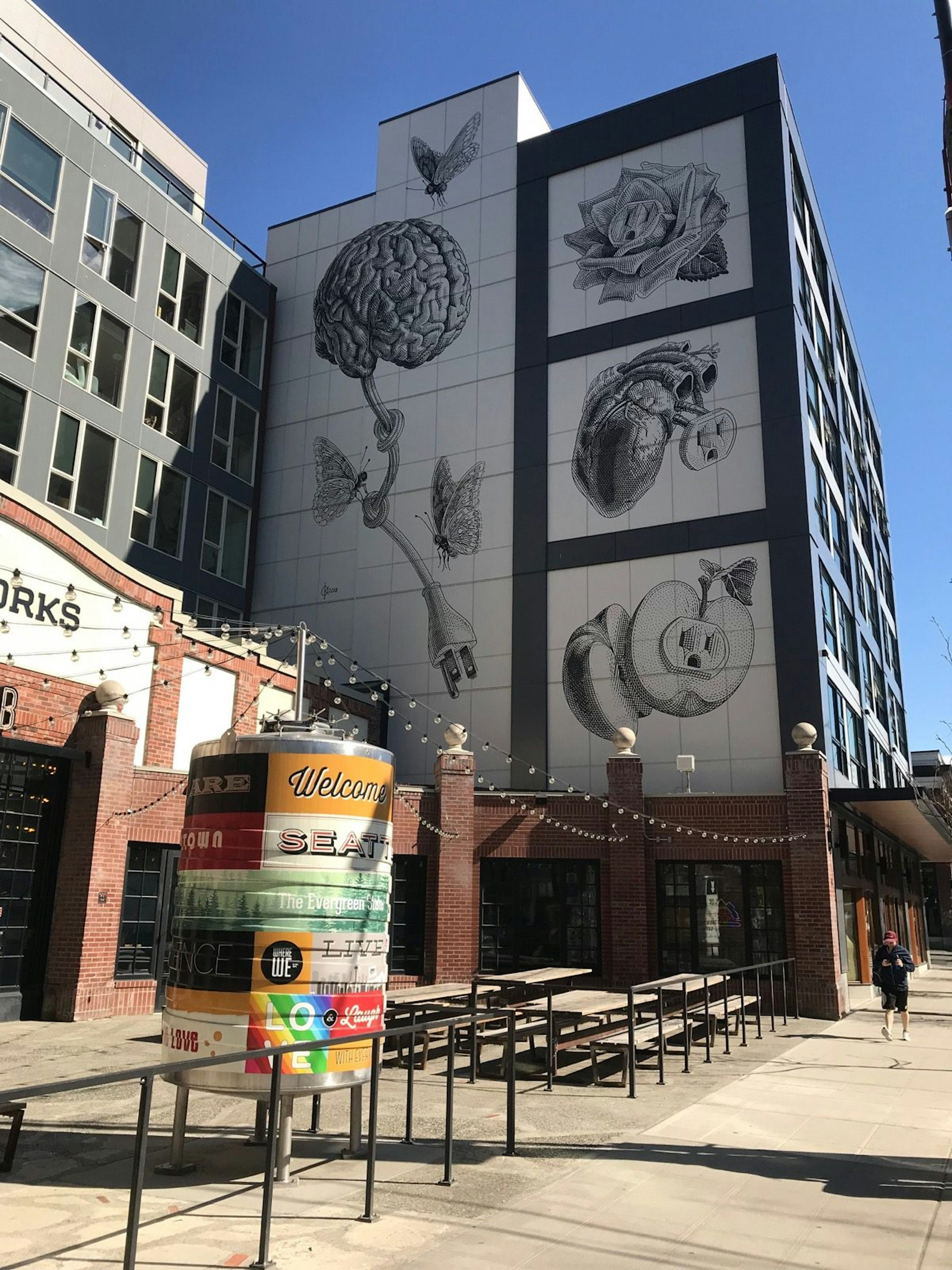 A large wall mural shows interesting anatomical drawings of flowers, fruit and bugs. Perfect weekend in Seattle