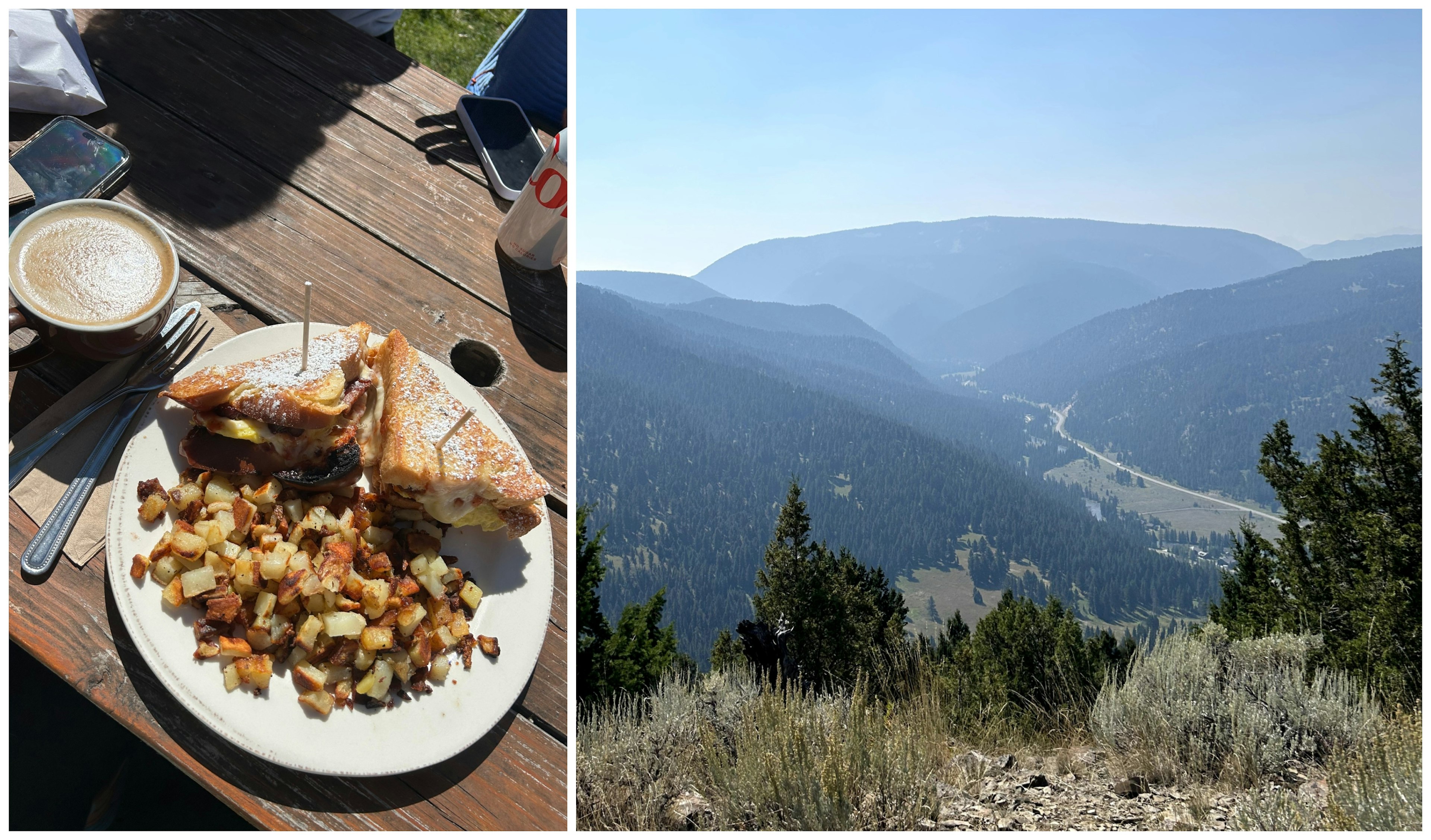 Left: Monte Cristo sandwich from Feed Café Bozeman, Right: Gallatin Highway from the top of Lemonknob Loop