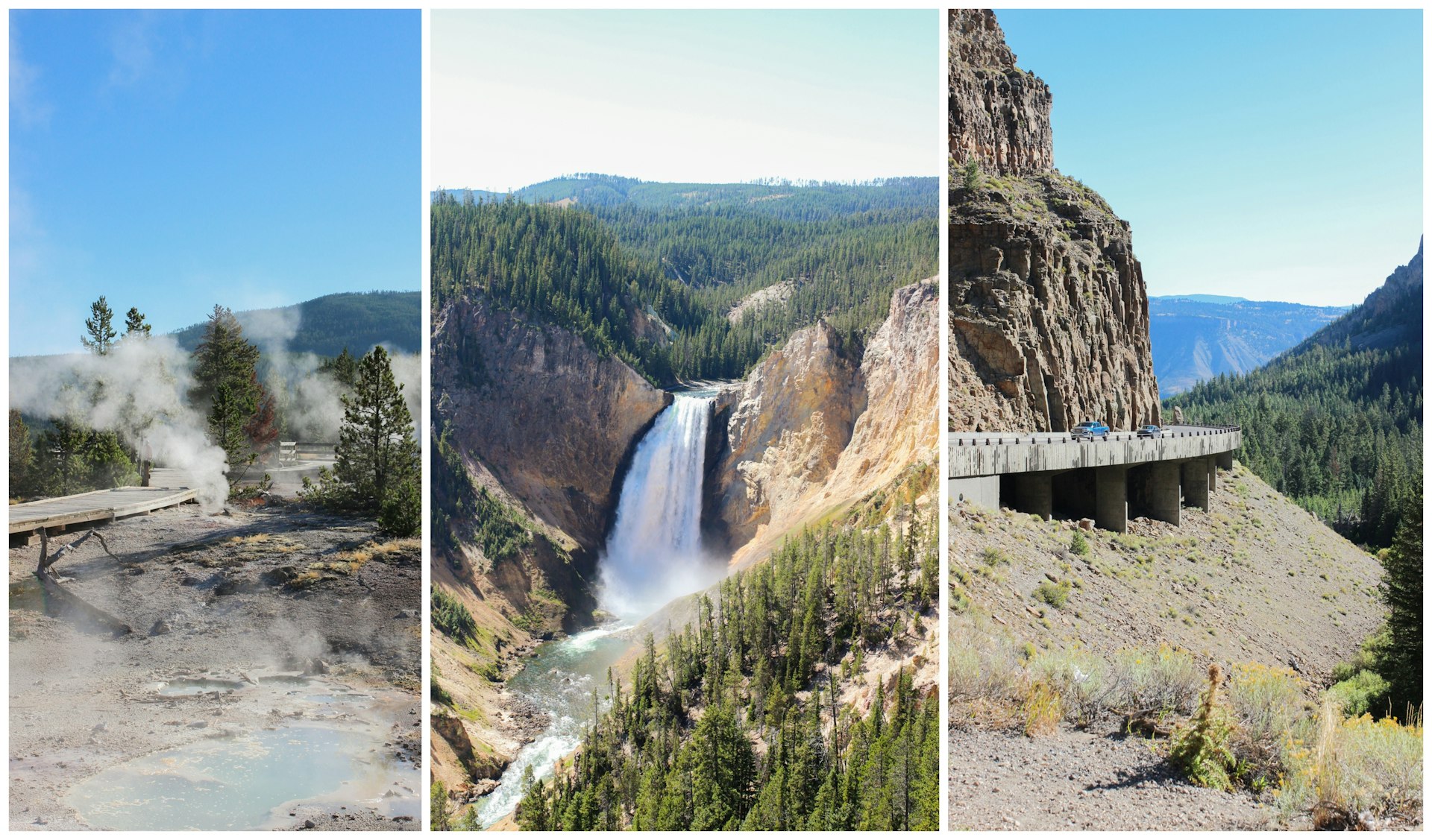 Geysers, a waterfall and a scenic pass in Yellowstone National Park