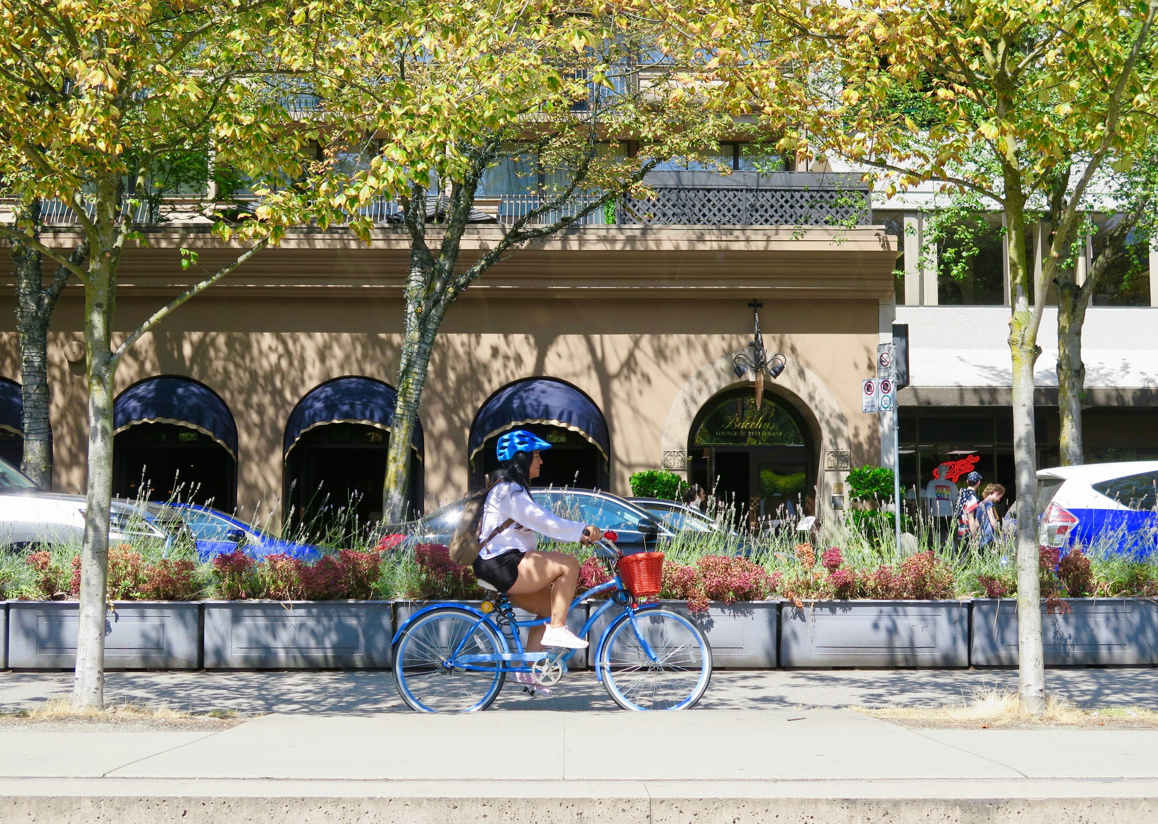 A biker on a bright blue bike, with a bright blue helmet and a basket on the handlebars, rides along a street separated from cars