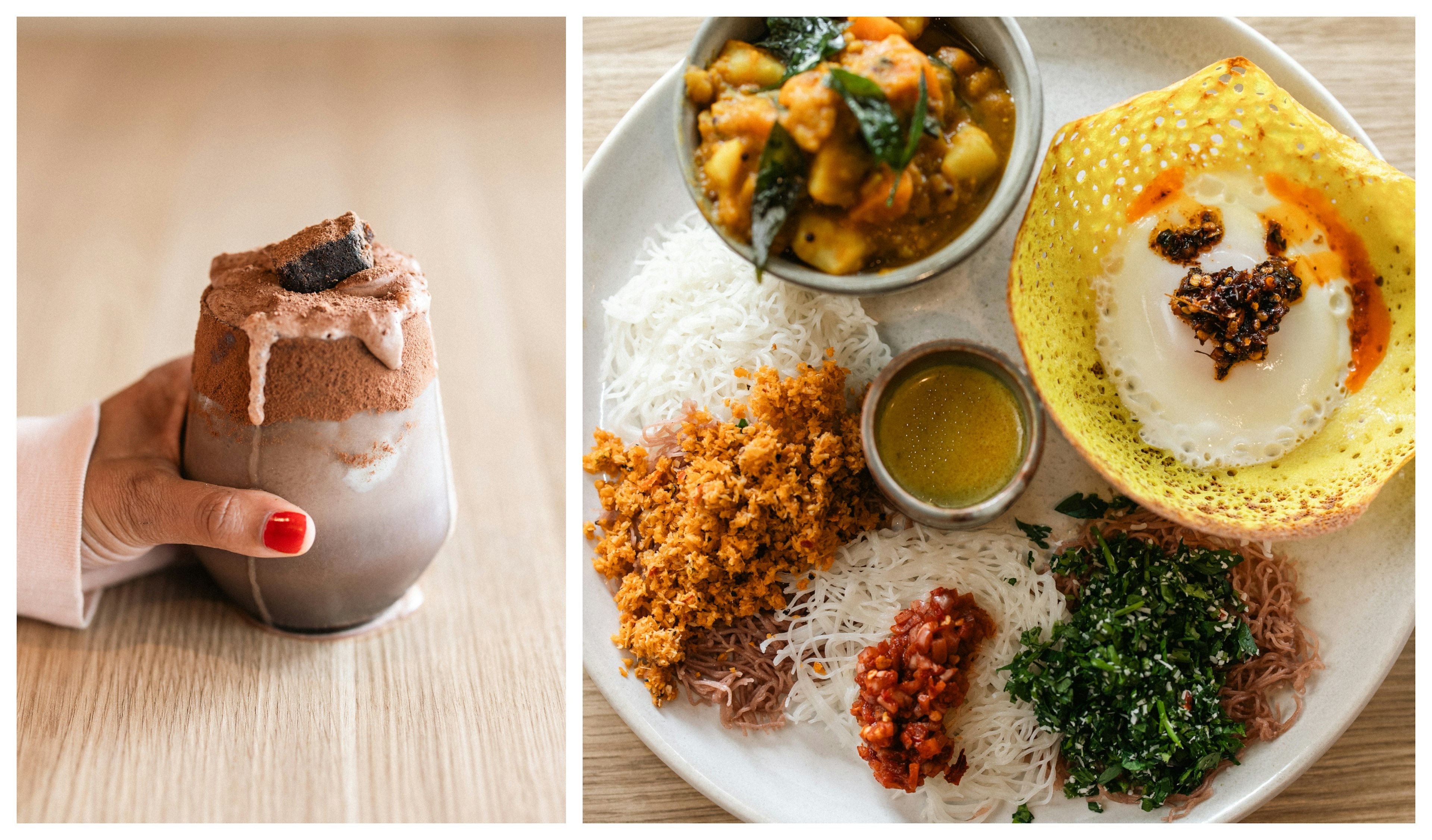 Begin your day in Melbourne with an iced Milo coffee and a 'Hip Hopper' Sri Lankan breakfast curry. This dish includes turmeric eggs, a sambol trio, coconut milk gravy, and your choice of chicken, fish, or vegetable curry. Shevan J Photography