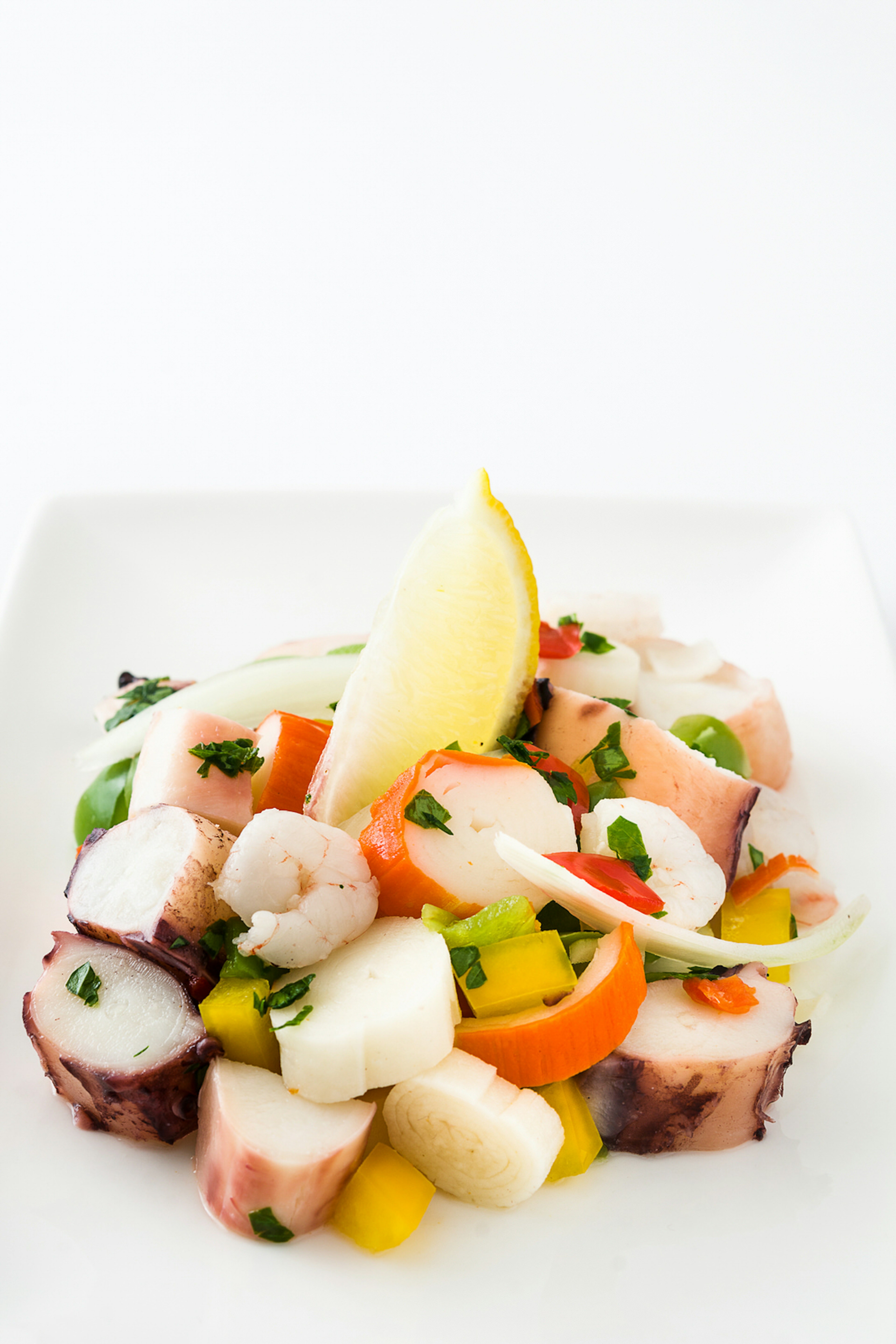 Traditional seafood ceviche from Peru served on a white dish with a lemon wedge on top of a bed of raw fish, sprinkled with parsley.