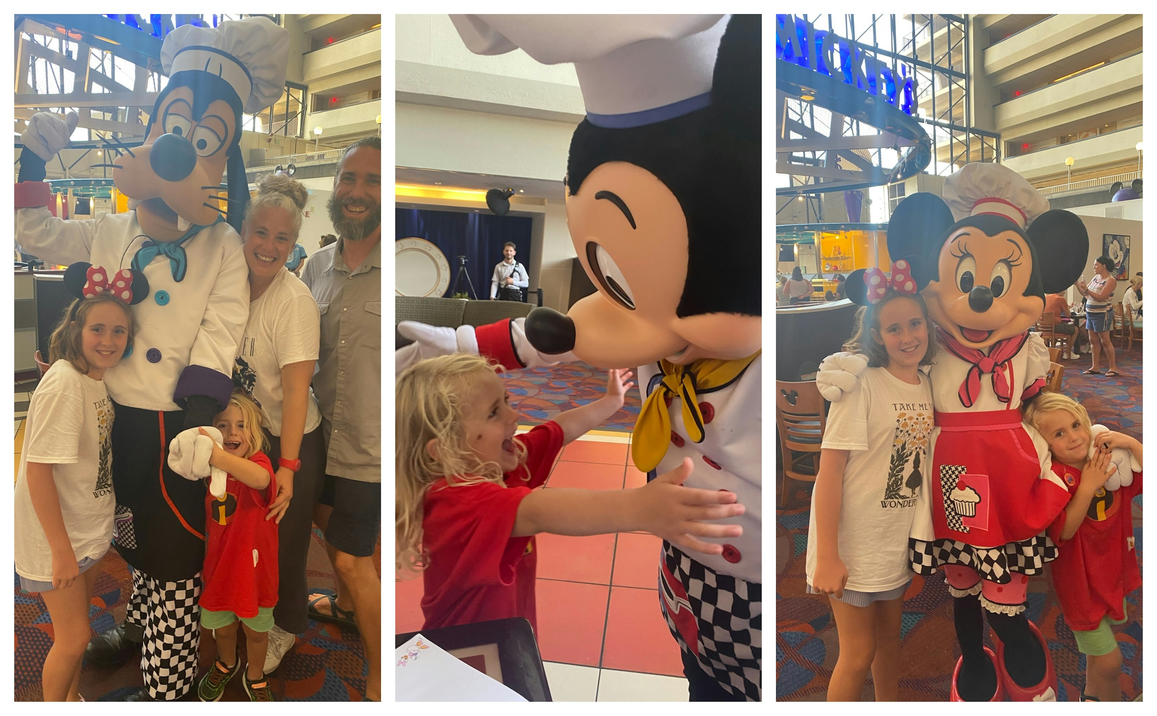 Disney characters Mickey, Minnie and Pluto being hugged by children in a restaurant