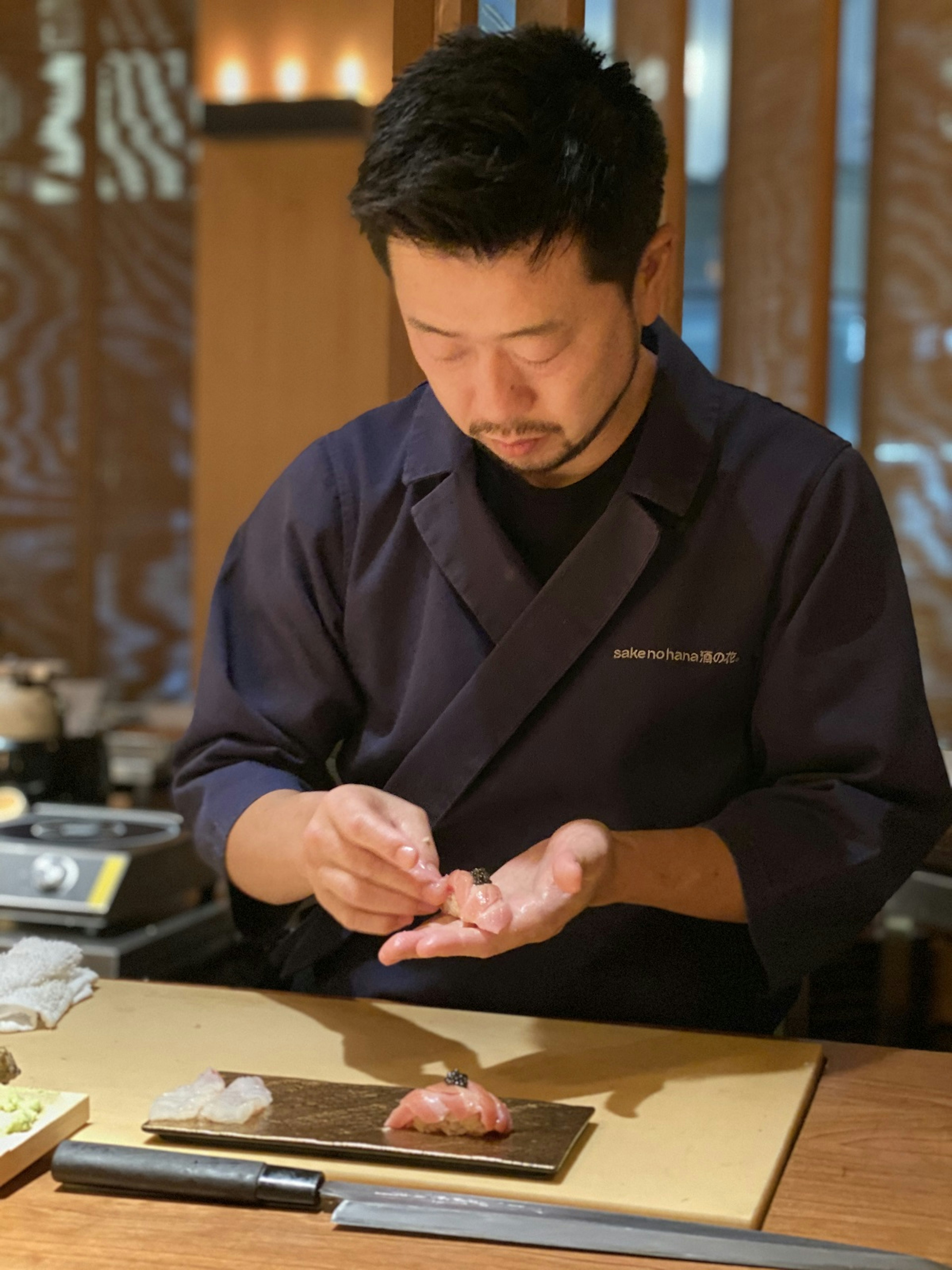 Chef Hideki preparing Japanese o toro, Sake no Hana.