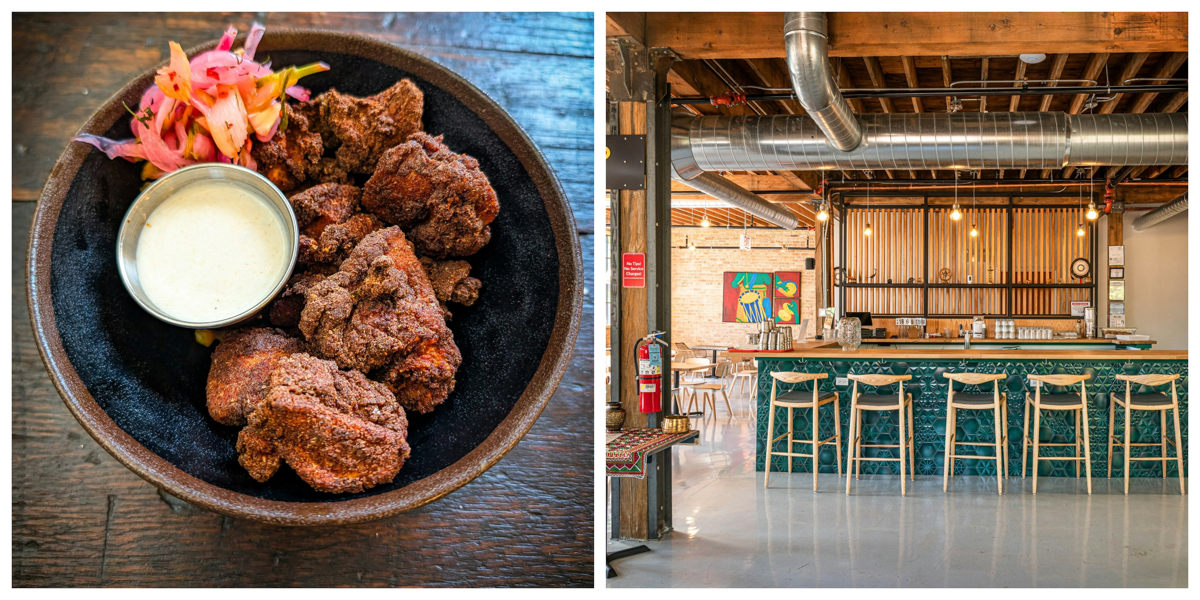 Left: a shallow bowl filled with richly seasoned chicken pieces and a small metal dish containing a white condiment. Right: The teal-tiled bar area inside Thattu in Chicago, with exposed wooden ceiling rafters and metal air ducts.