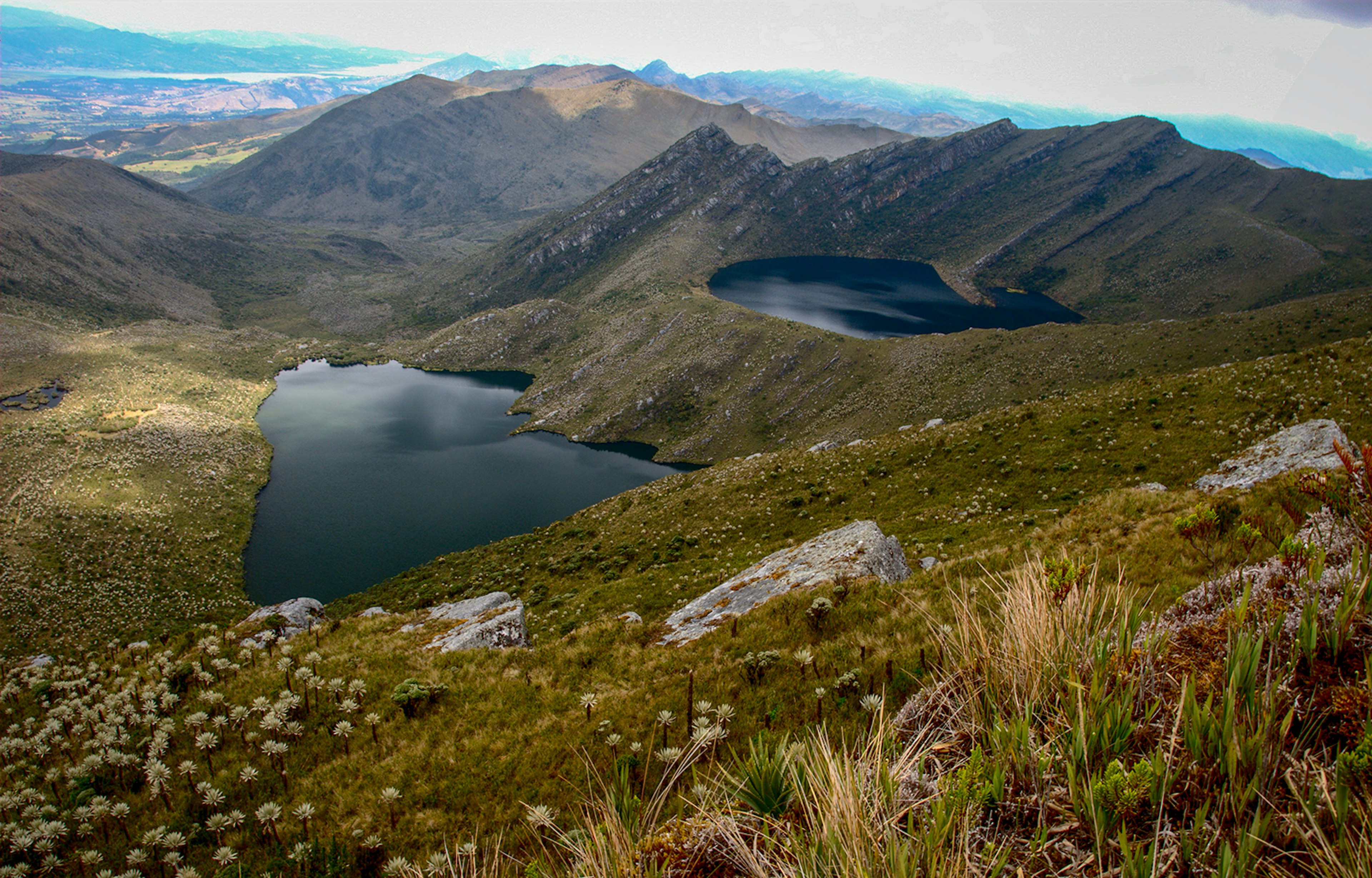 Hillside view of two lagoons in Chingaza National Park