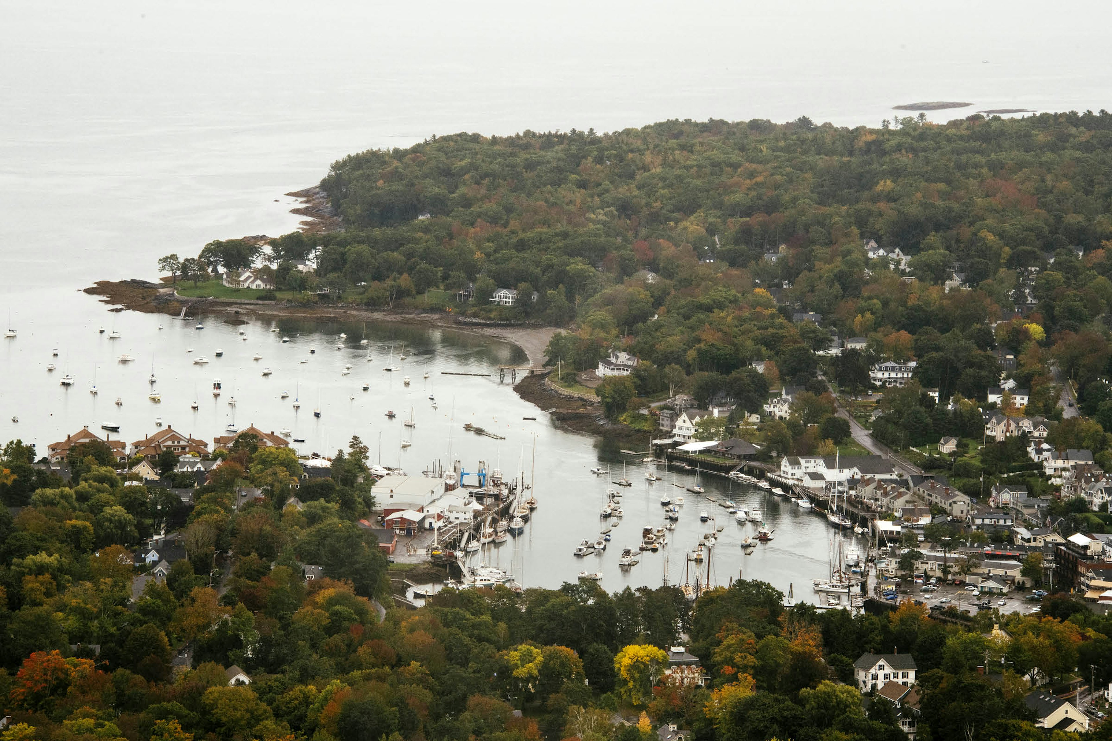 A view down over Camden's fishing boat-filled harbour