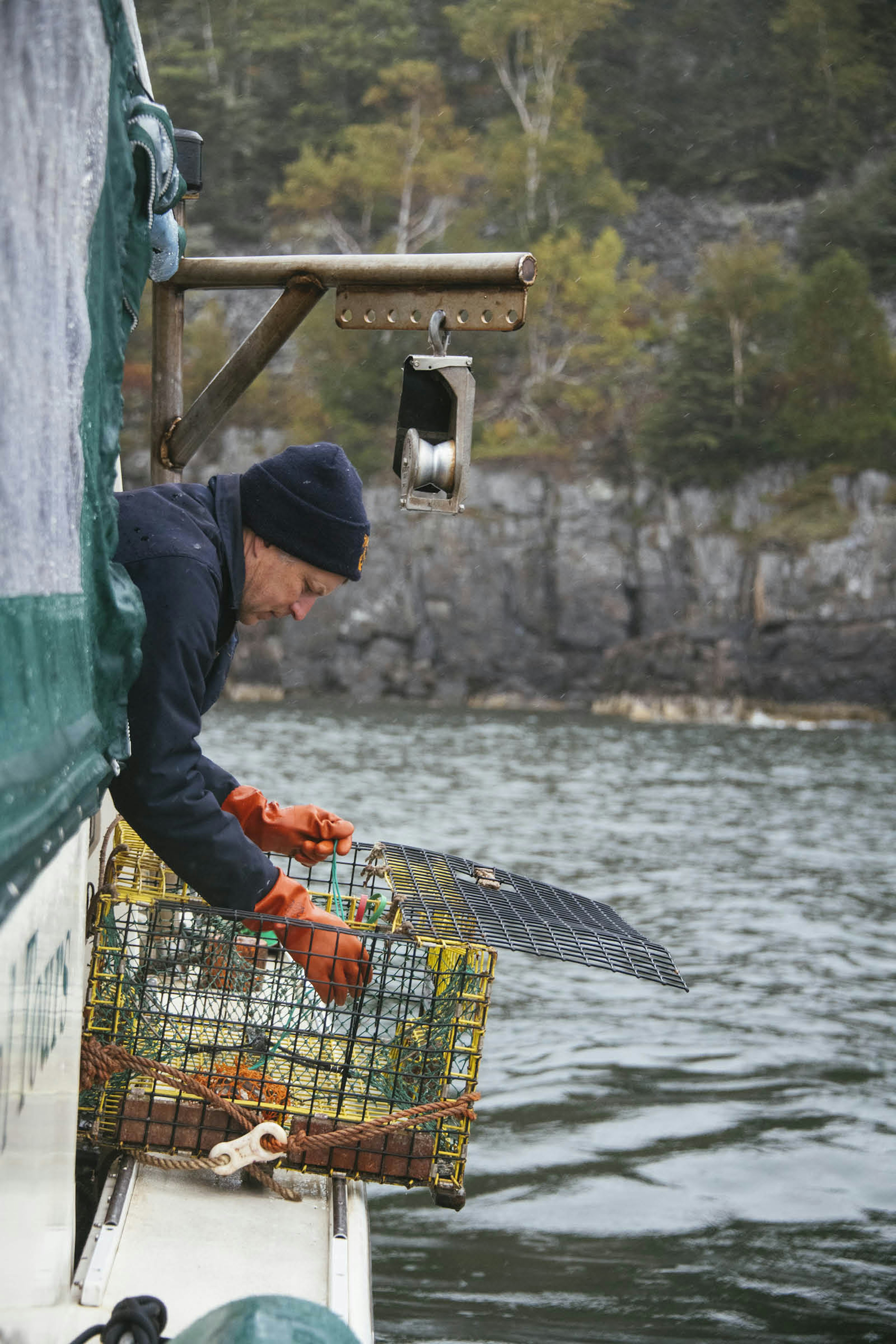 Looking into an empty lobster pot on a boat in Frenchman Bay