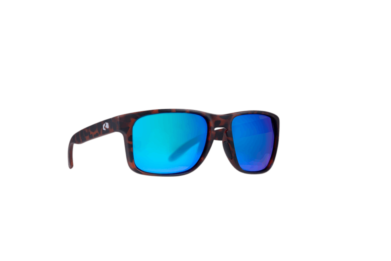 Product shot of sunglasses with blue lenses; beach gear
