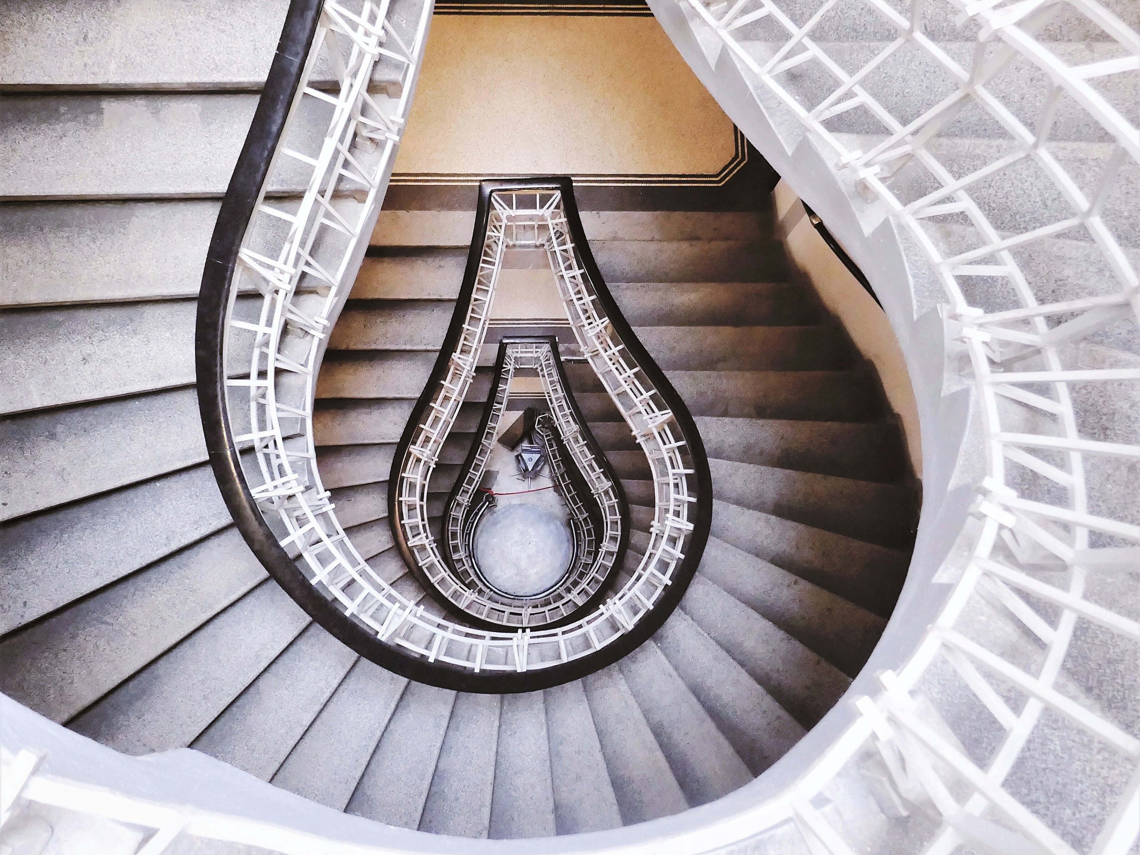 An aerial view of the cubist lightbulb staircase at the Museum of Decorative Arts