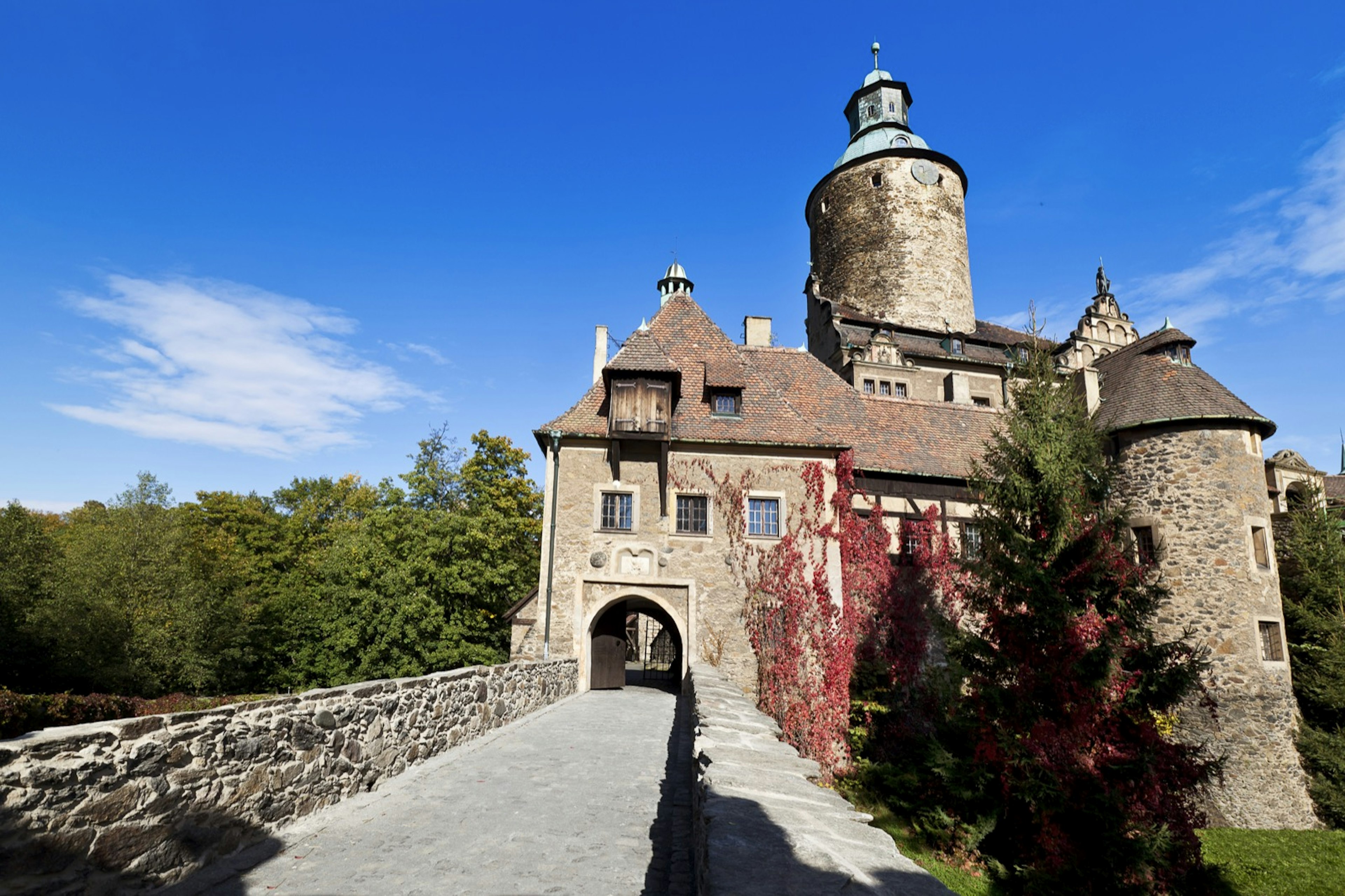 A castle rises from a bridge surrounded by trees