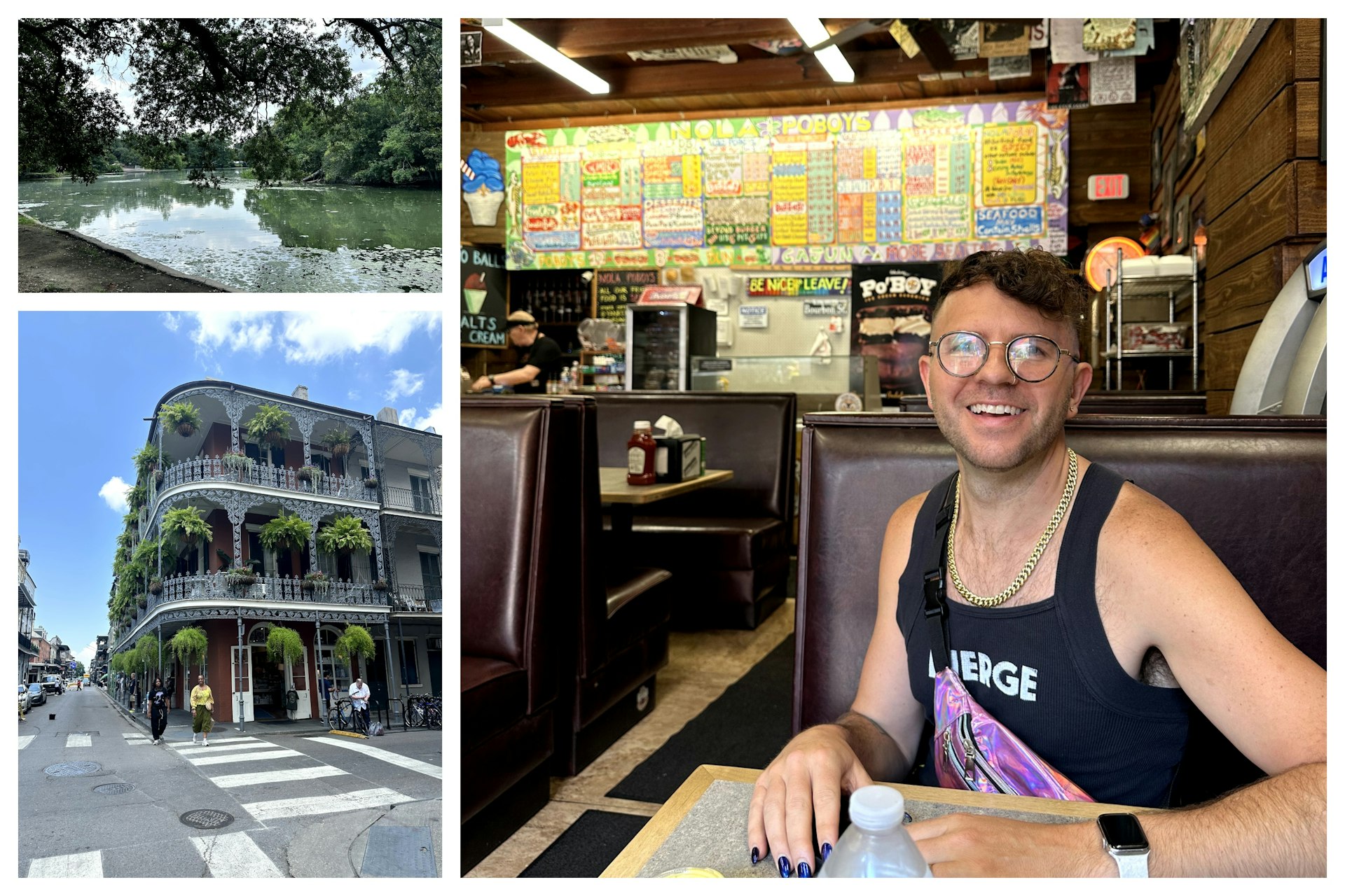 Top left: a pond in a park; bottom left: an ornate balcony with hanging baskets; right: the author sits in a booth in a diner and smiles