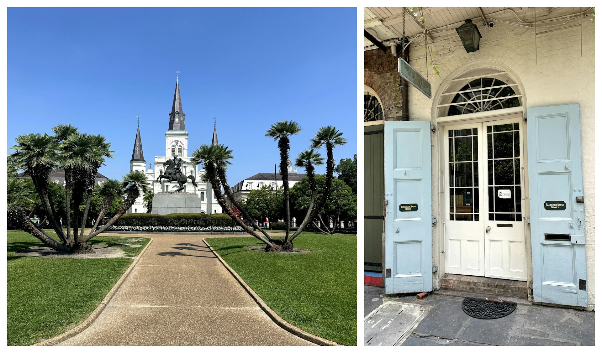 Left: a grand church with three pointed turrets; right: a doorway to a book store