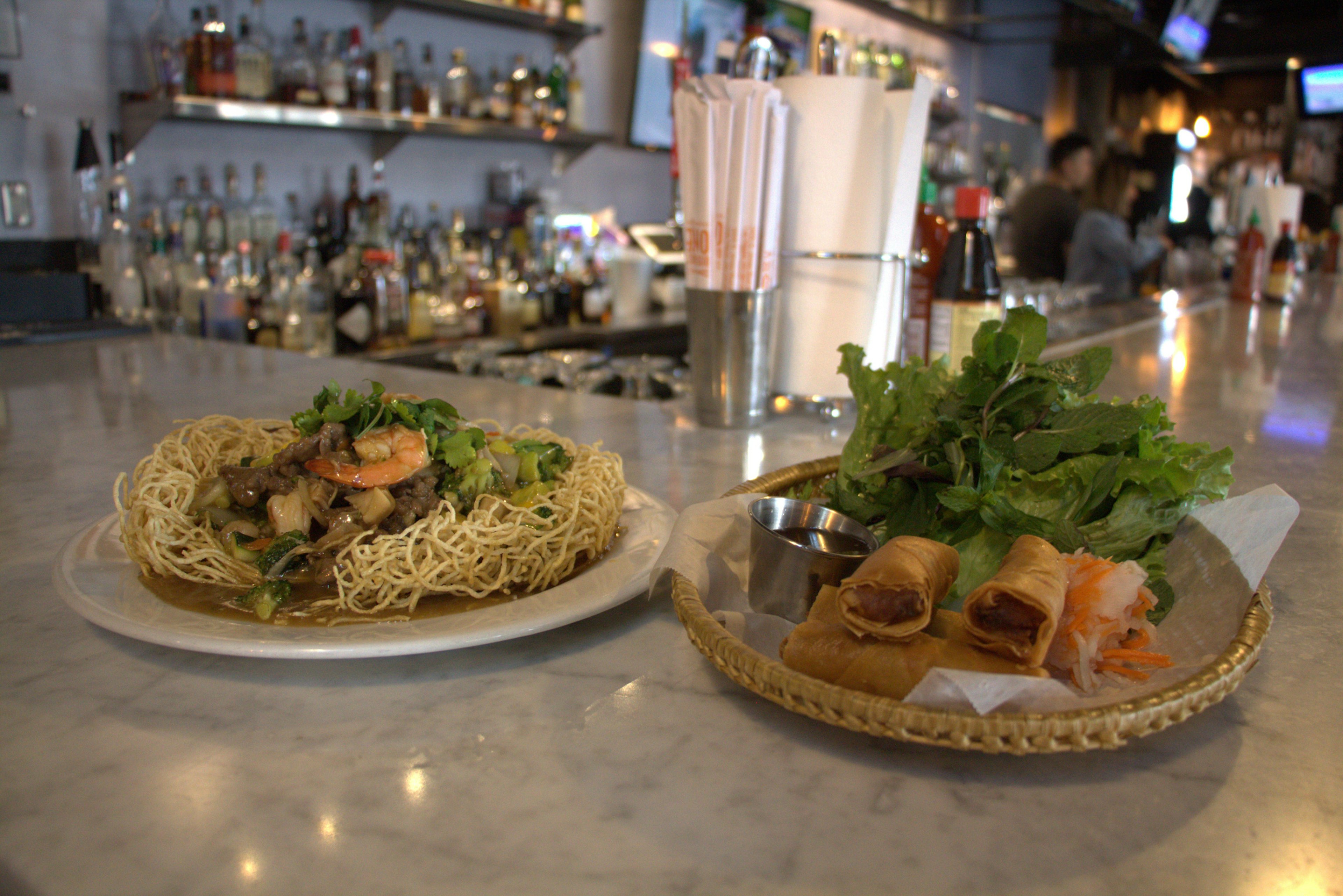 Crispy Bird’s Nest Noodles and egg rolls in District One Kitchen & Bar, a Vietnamese restaurant in Las Vegas’ Chinatown district