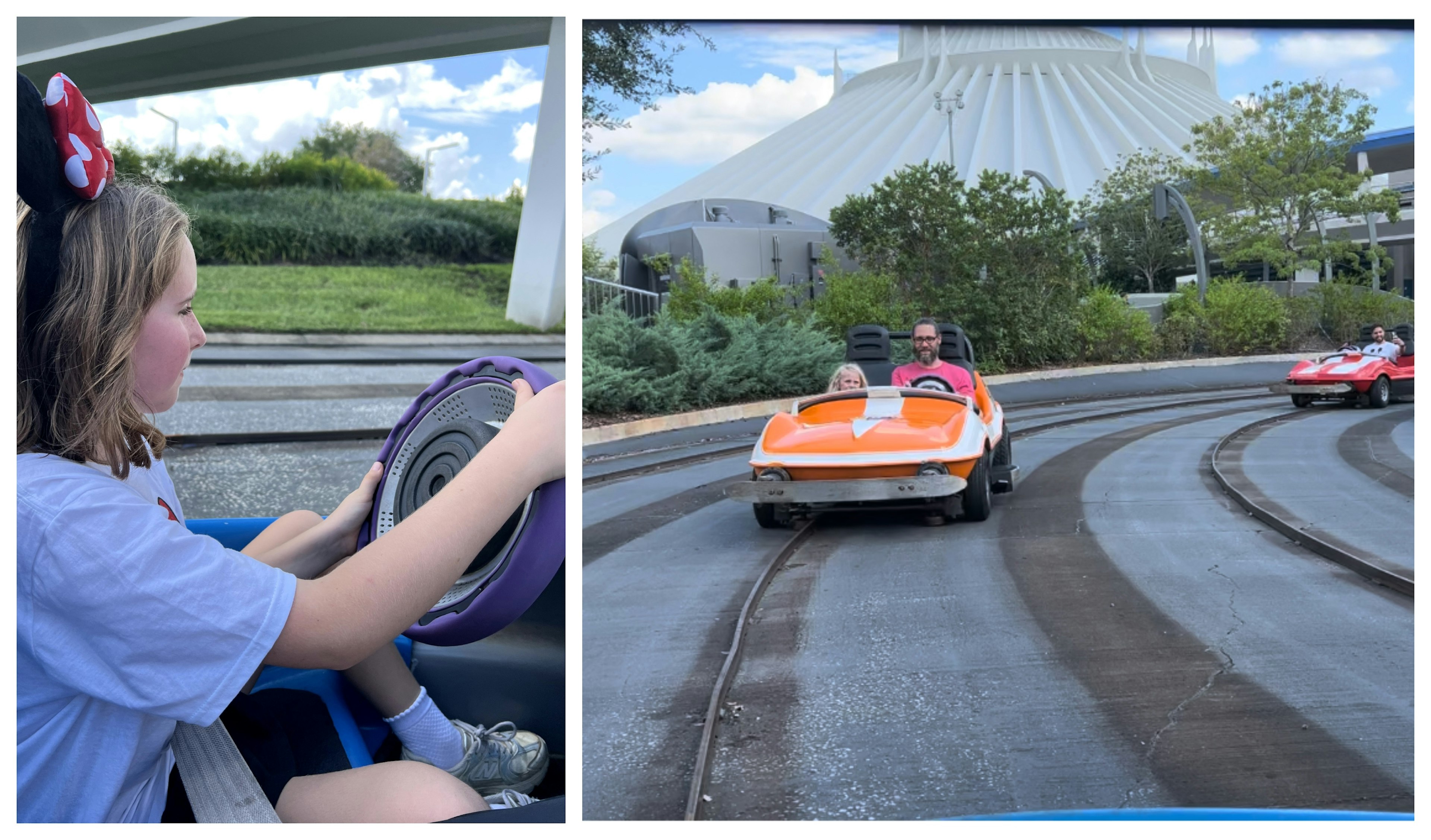 Left: a girl in Minnie Mouse ears driving a car. Right: a man and a little boy ride in a car at Tomorrowland in Disney World