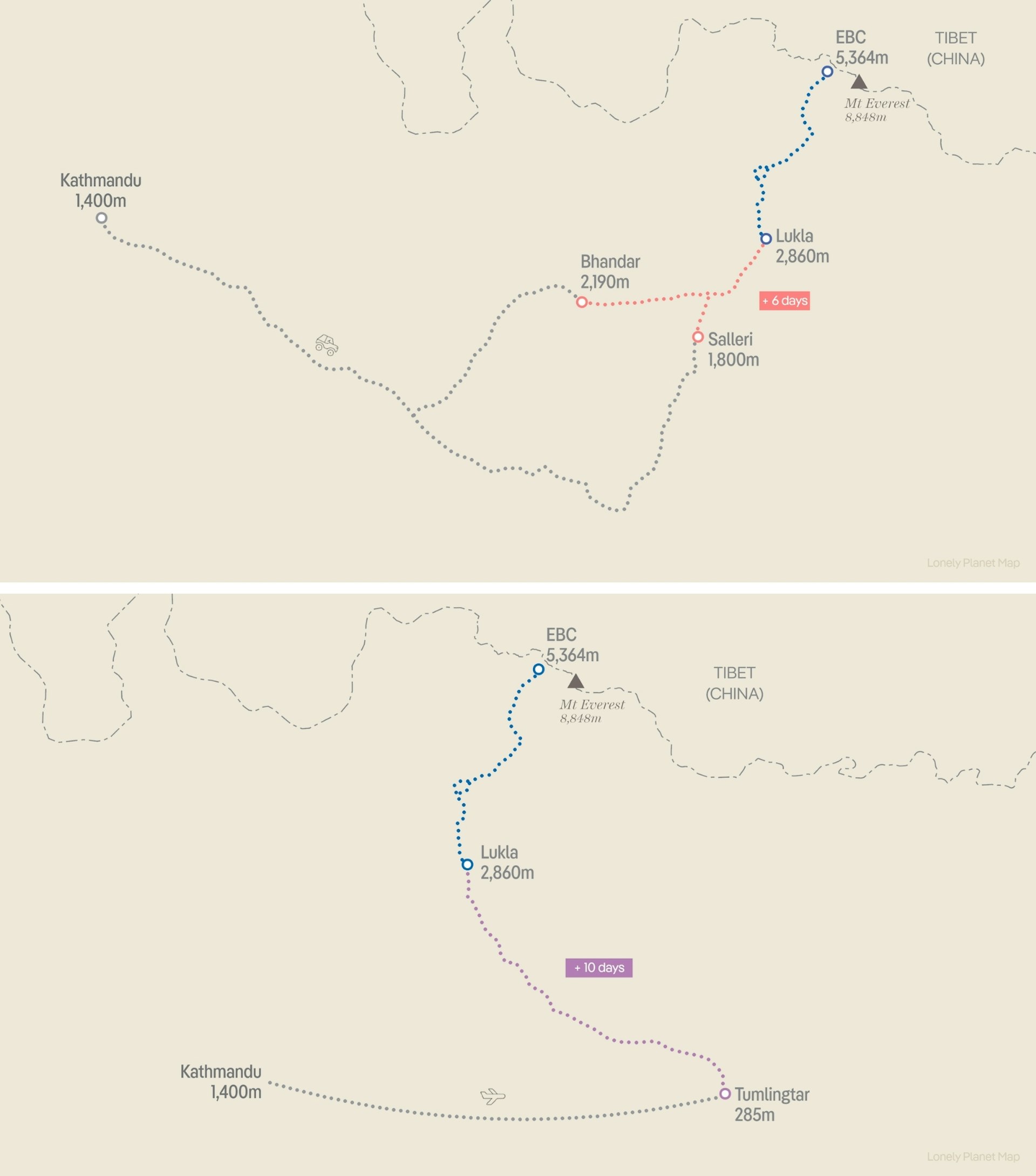 maps of alternative trekking routes to Everest Base Camp in the Nepal Himalayas