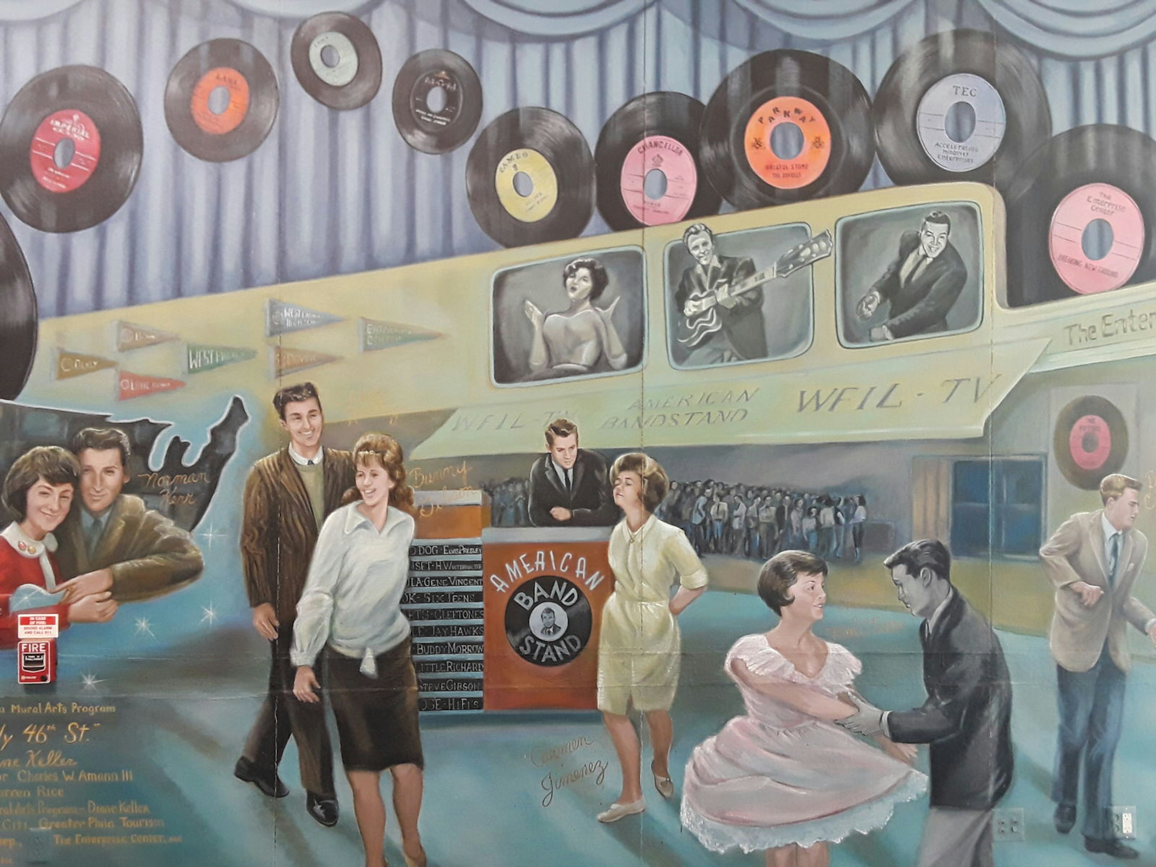 A colorful, old-timey mural featuring musicians and vinyl discs at Philadelphia's Enterprise Center, one of the city's major music venues