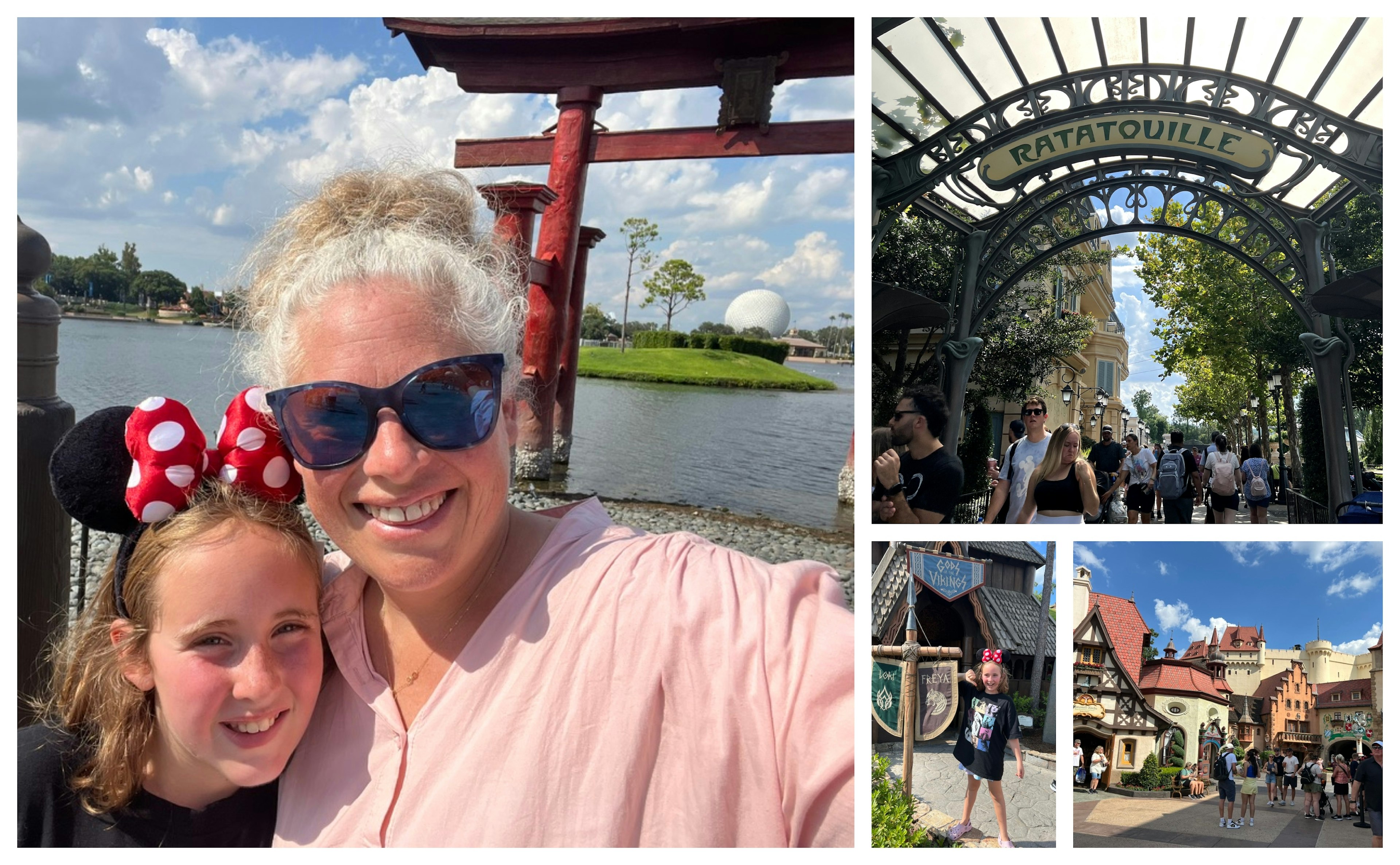 Sarah and her daughter at Epcot, Ratatouille Ride entrance at Epcot, Freya in front of the Freya sign, little Germany at Epcot