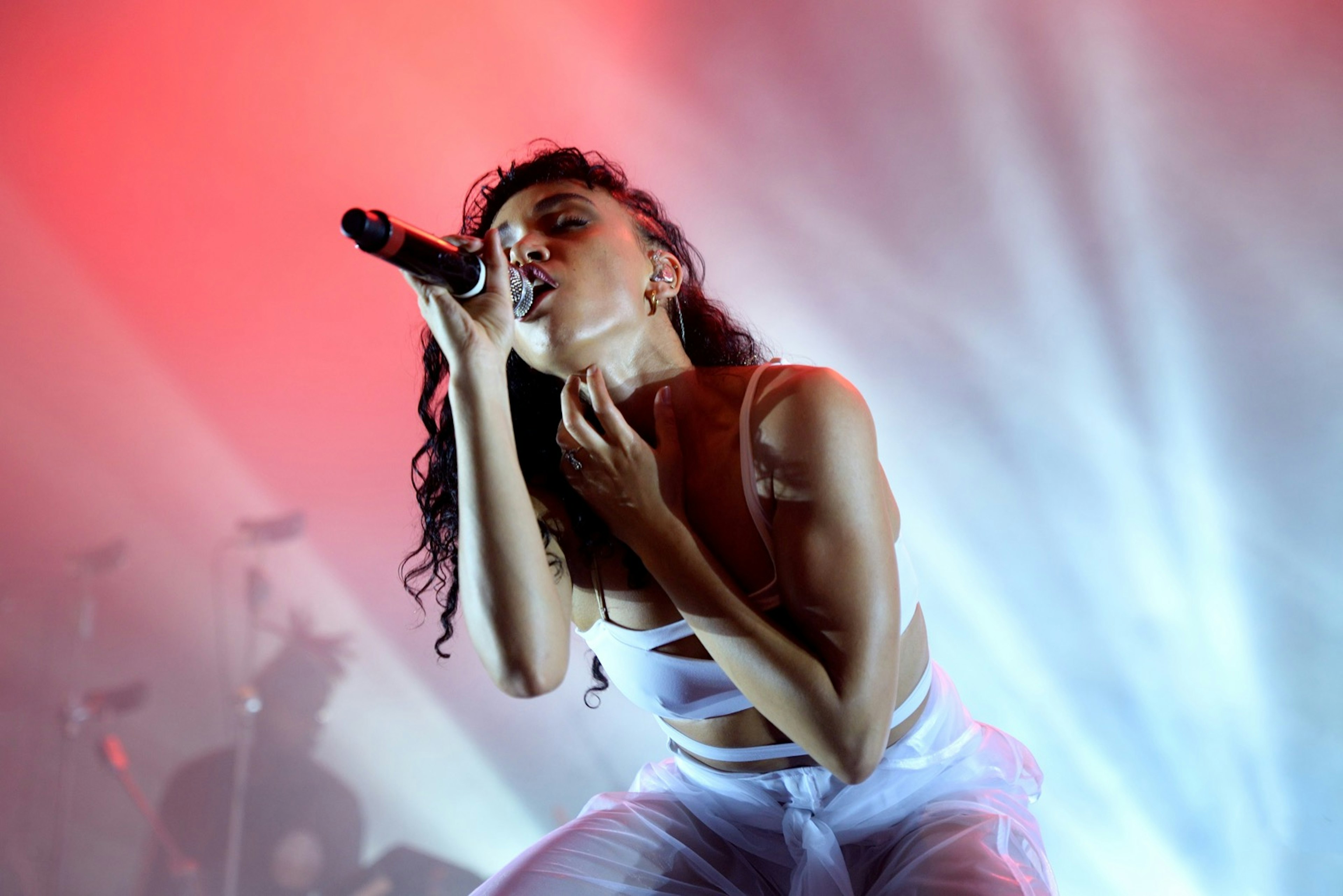 A singer holds a microphone while performing on stage; afropunk