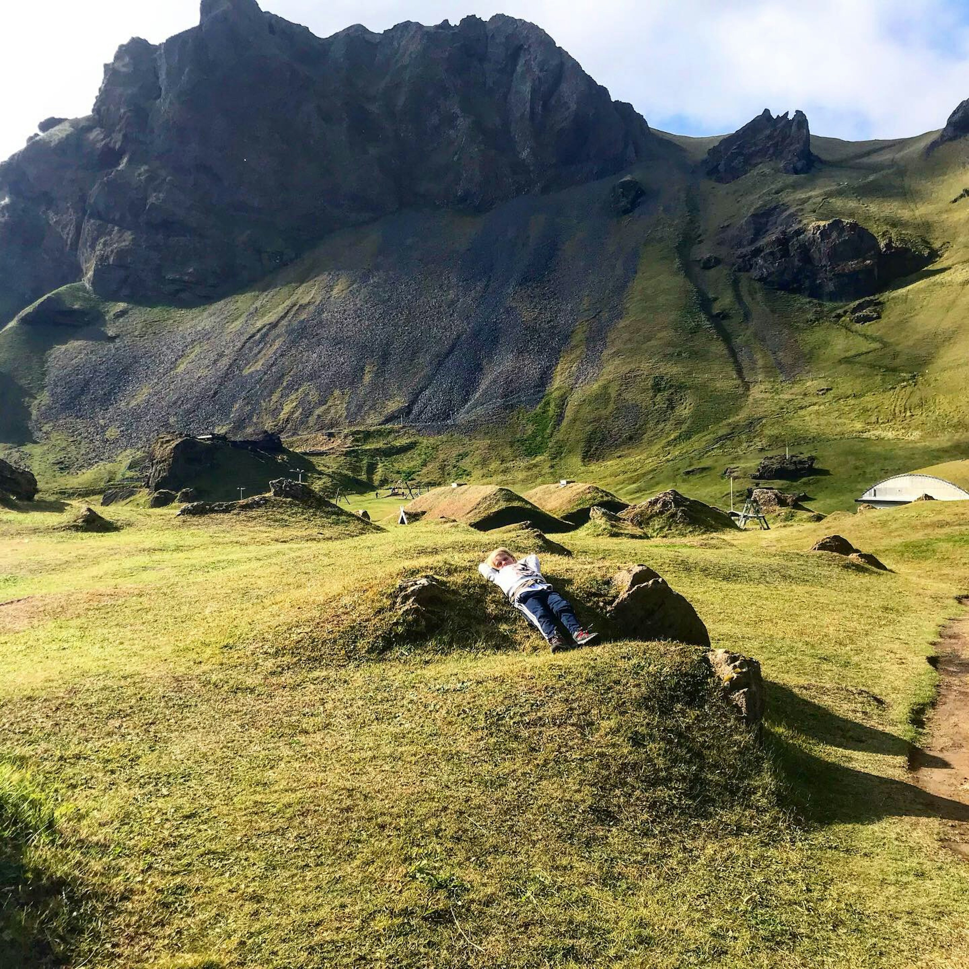 The green, rolling hills of Herjólfsdalur surround a valley created by a now-extinct volcano. A grey rocky massif contrasts with the green turf of the valley, which if you look closely also forms the roofs of three or four small houses. Finn, the author's sun, lays on a grassy mound in the foreground to give a sense of scale.