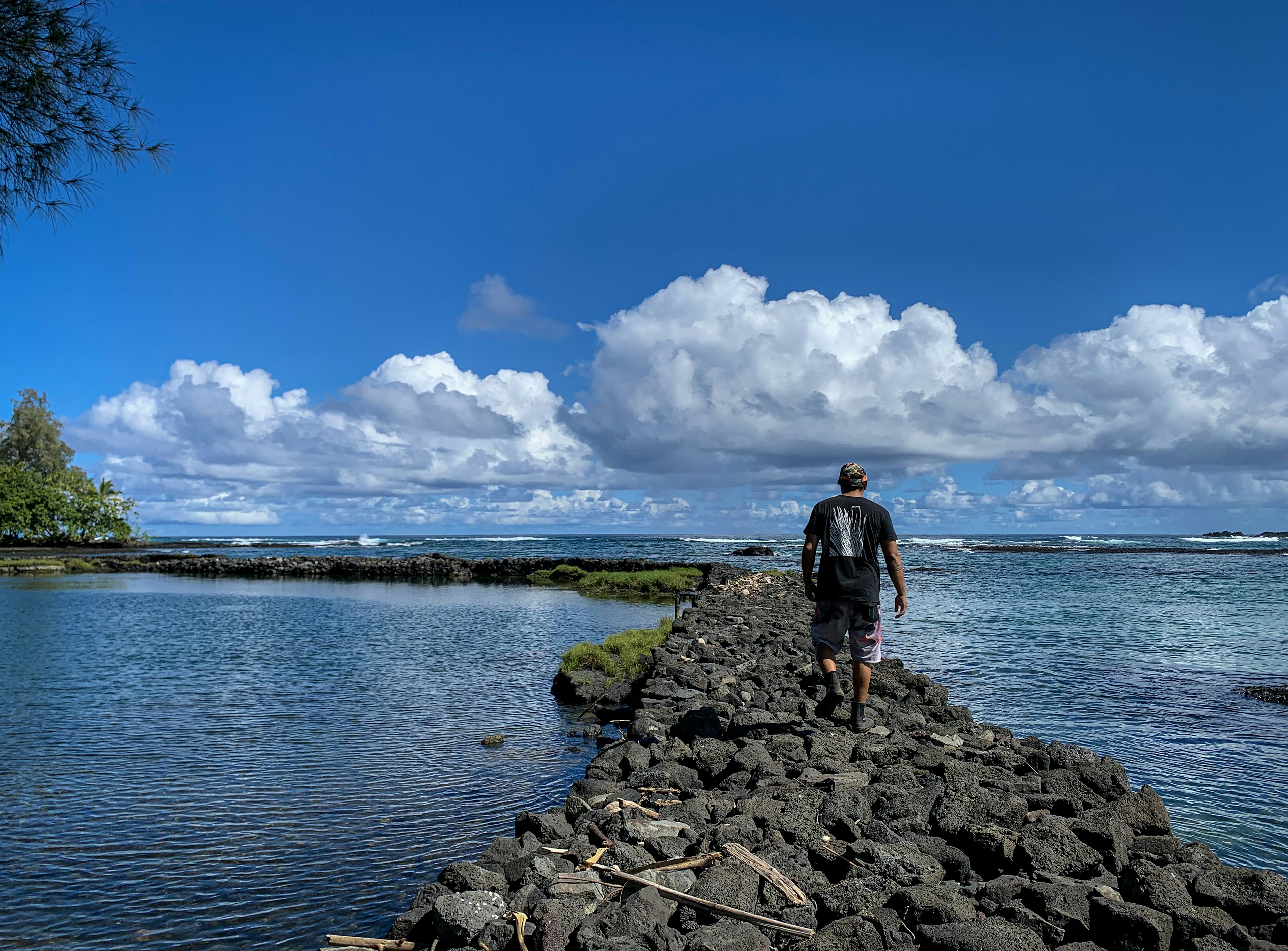 A man walks along a fishpond wall, flanked by water on both sides