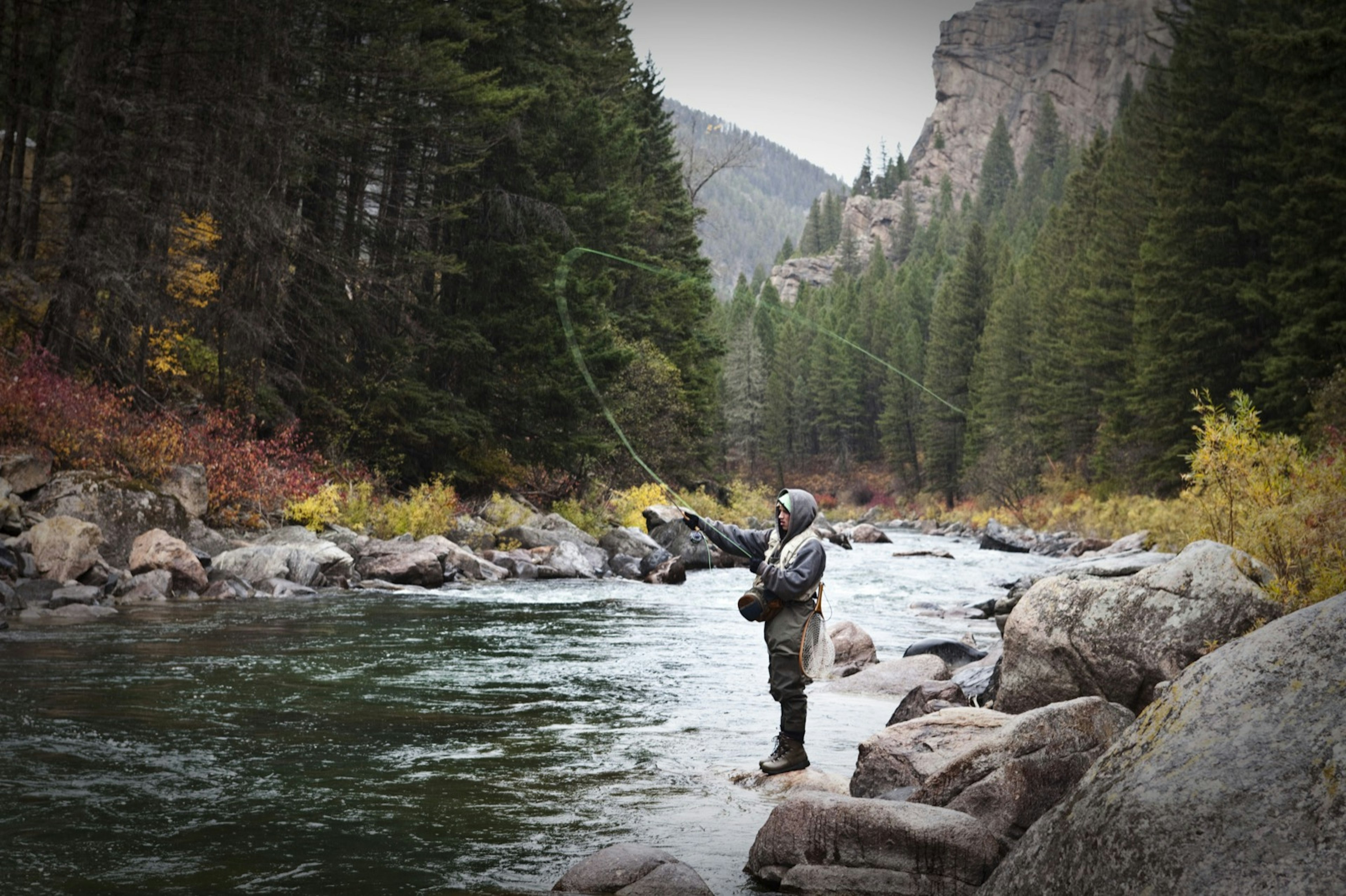 A athletic man fly fishing stands on the banks of the Gallatin River surrounded with the fall colors in Bozeman, Montana © Patrick Orton / Getty Images