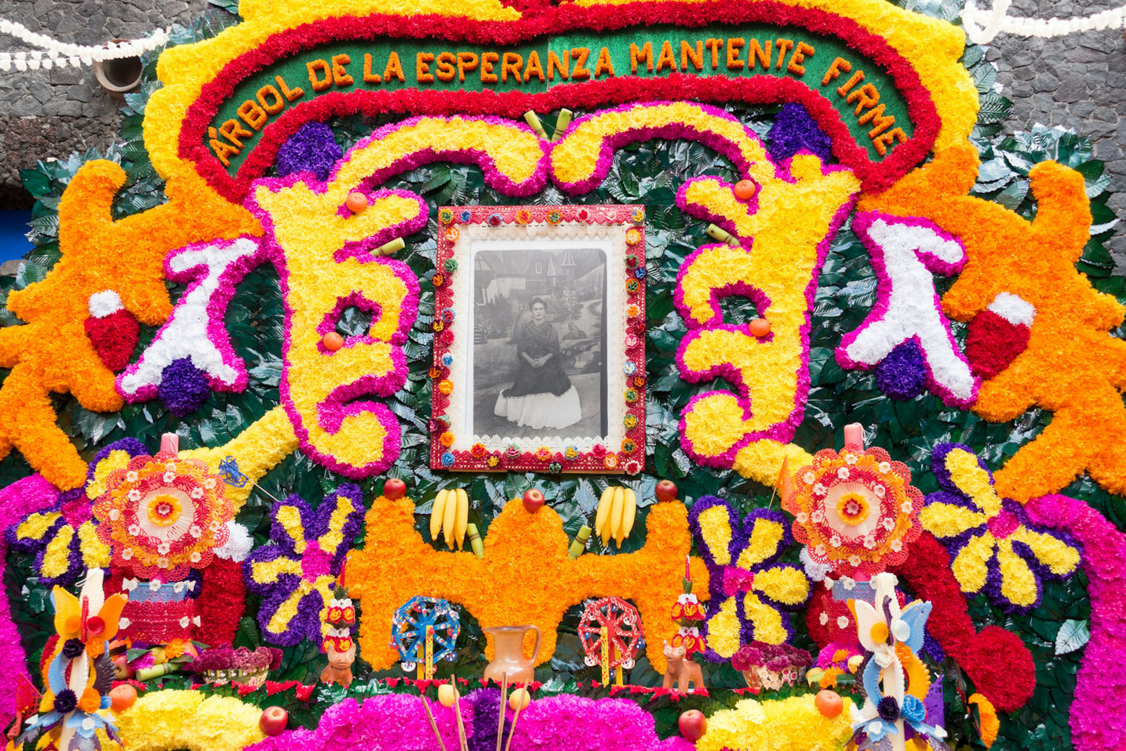 A wide array of vibrantly colored flowers form a frame around photograph of Frida Kahlo © Seastock / Getty Images