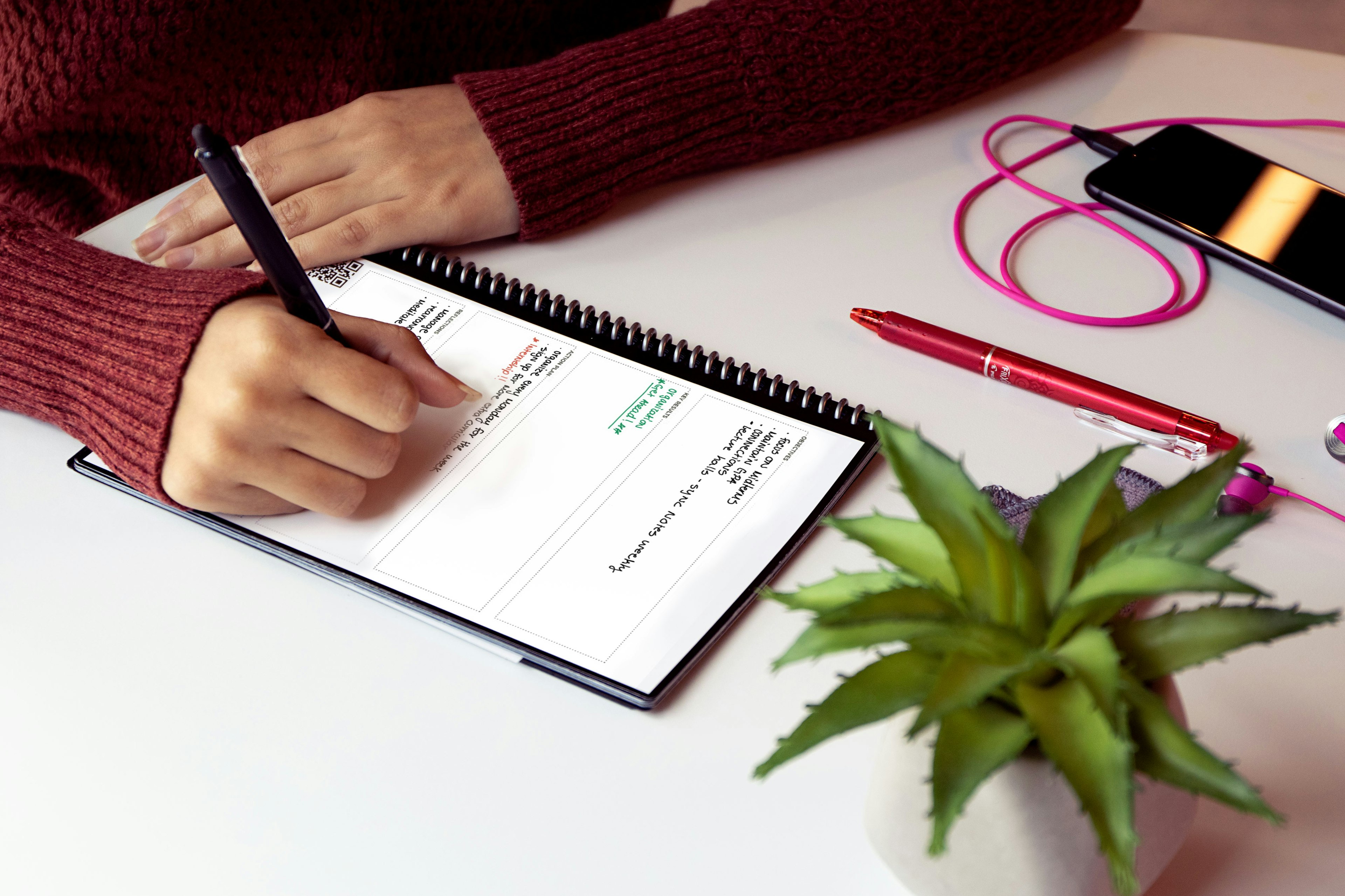 A woman's hands writing in a notebook, with a nice succulent on the desk nearby.