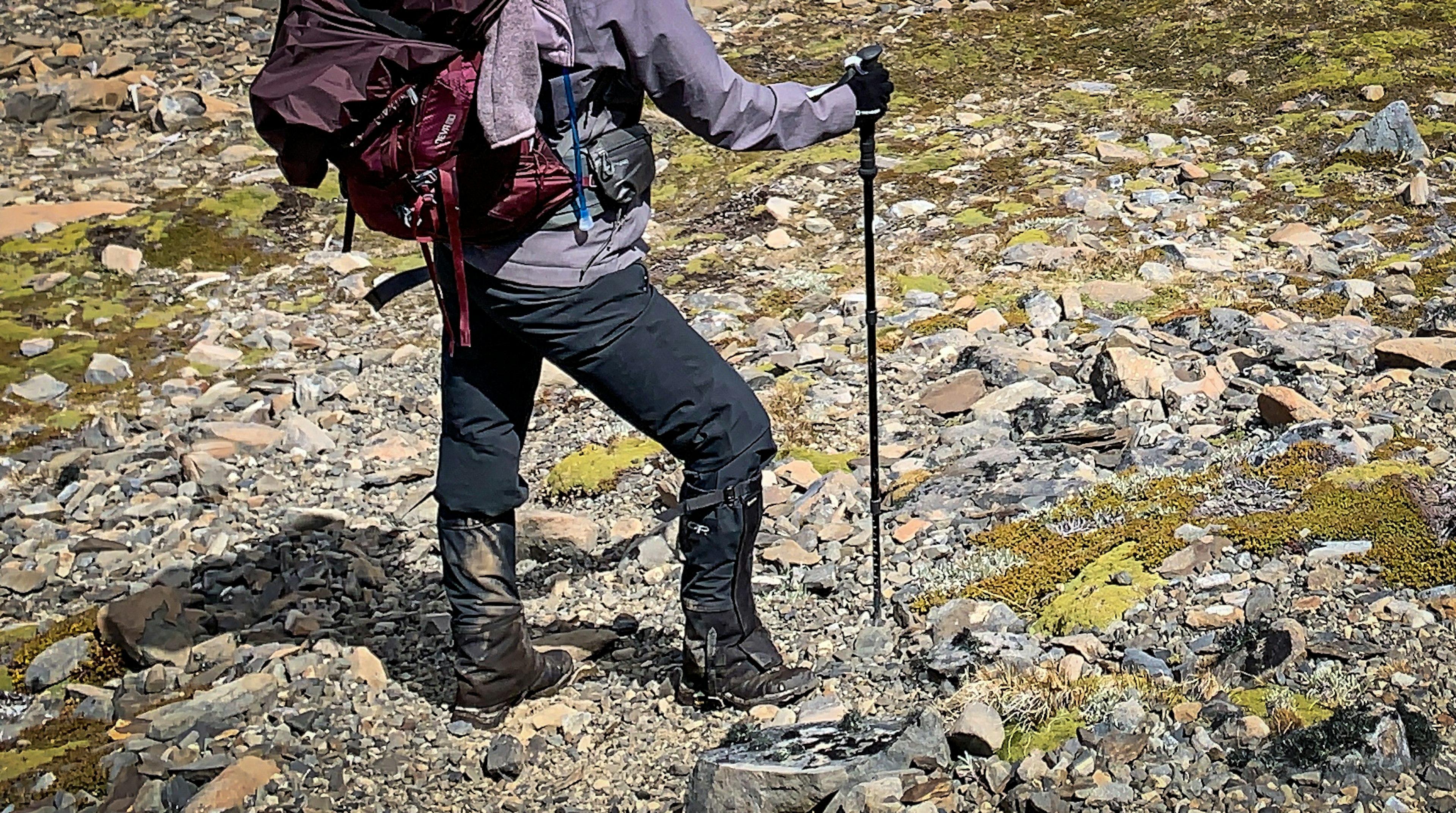 The lower half of a woman wearing a maroon backpack, purple jacket and gaiters over her boots and holding a hiking pole.