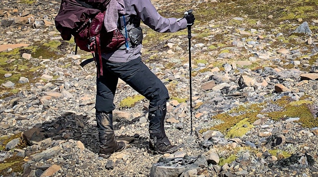 The lower half of a woman wearing a maroon backpack, purple jacket and gaiters over her boots and holding a hiking pole.