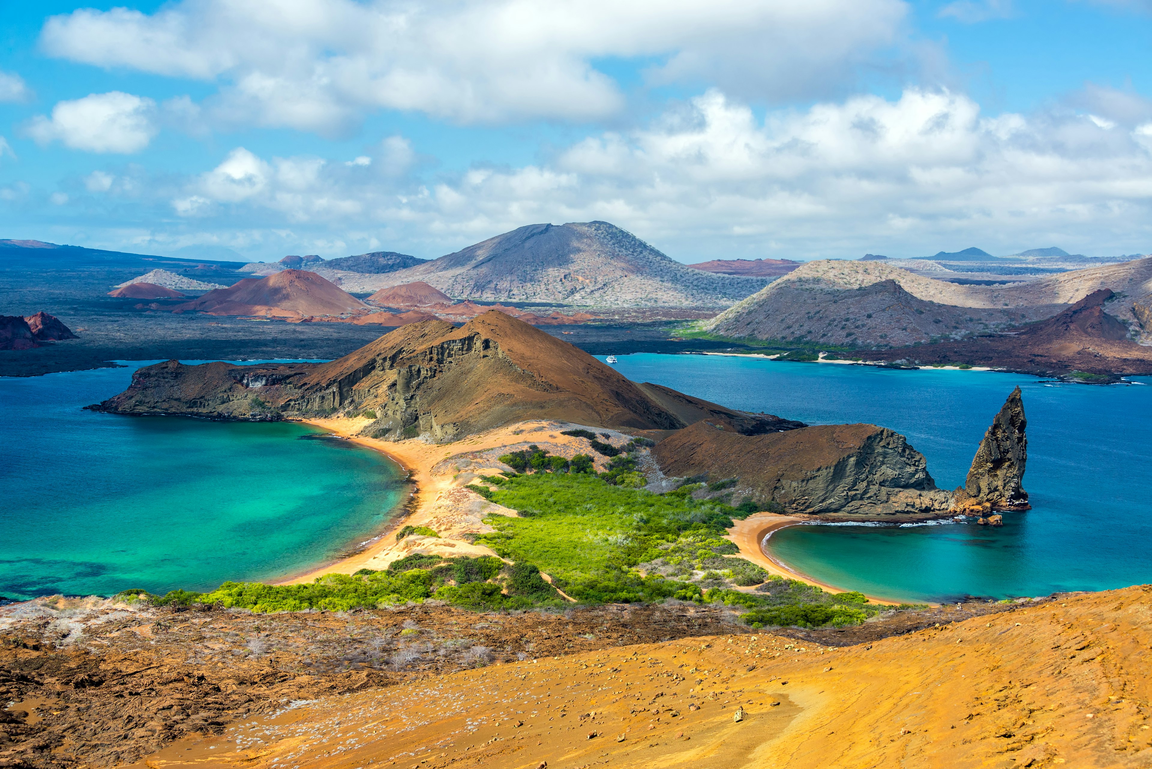 Aerial view of the mountains and the sea at the Galapagos Islands