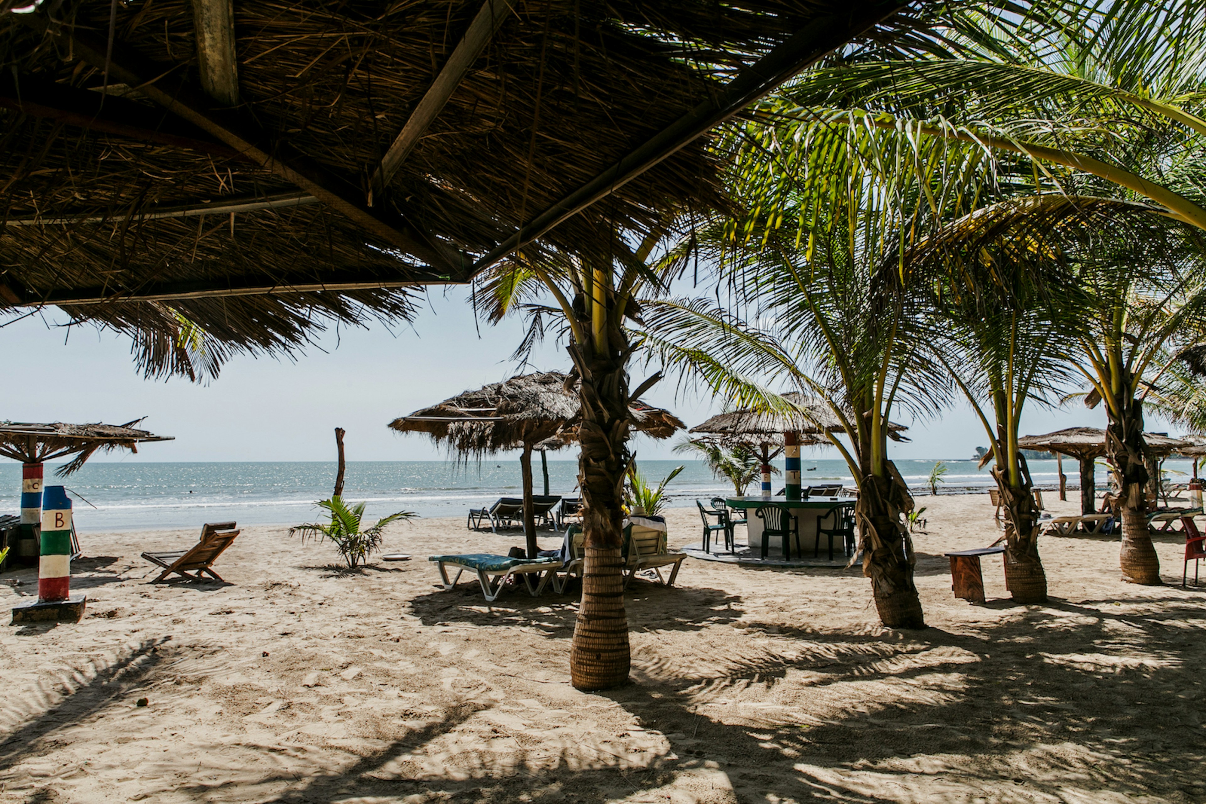 Palm trees cast shadows and shade over huts and beach chairs with the ocean in the background